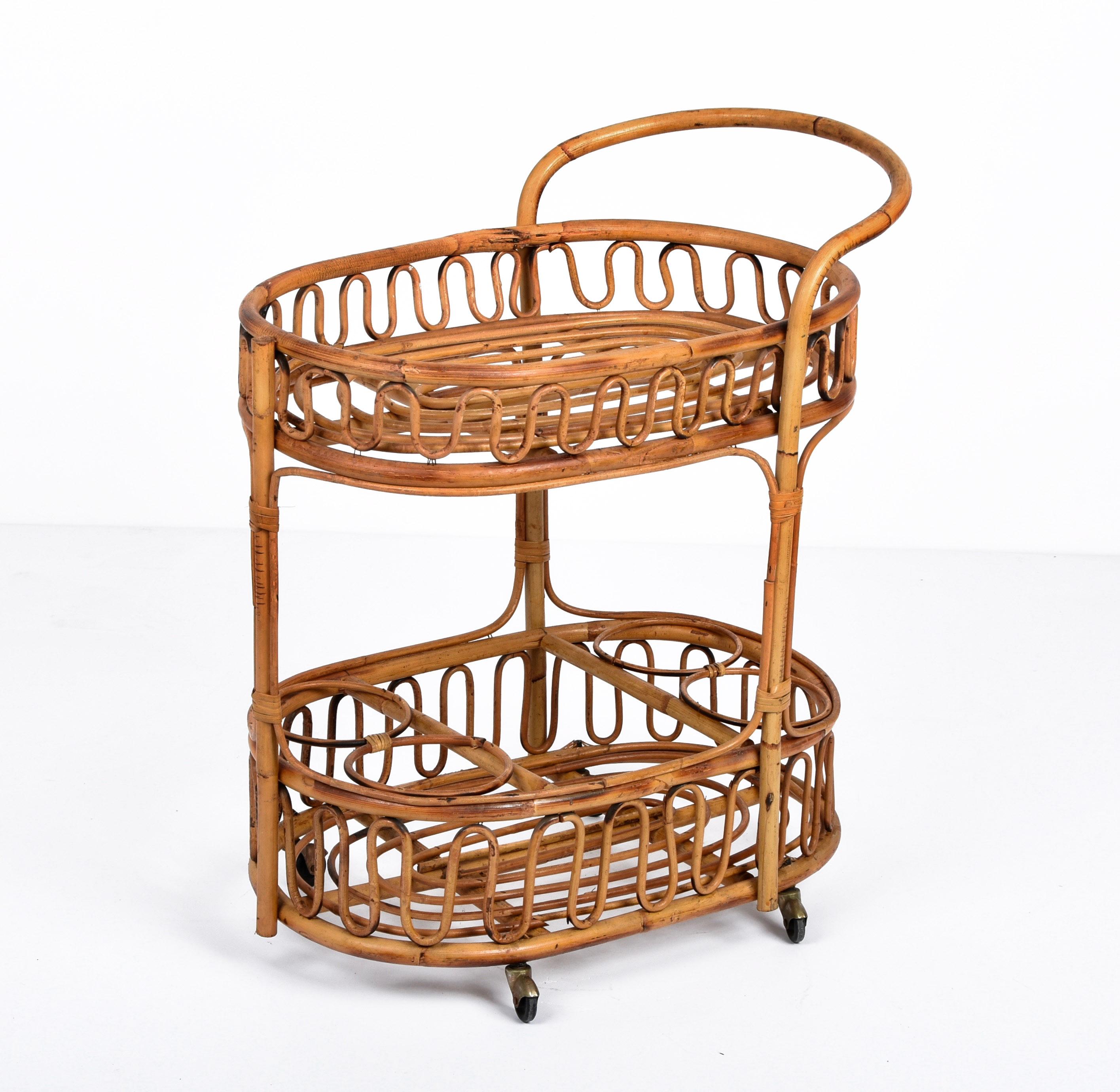 Mid-Century Modern Midcentury Italian Bamboo and Rattan Oval Serving Side Bar Cart, 1960s