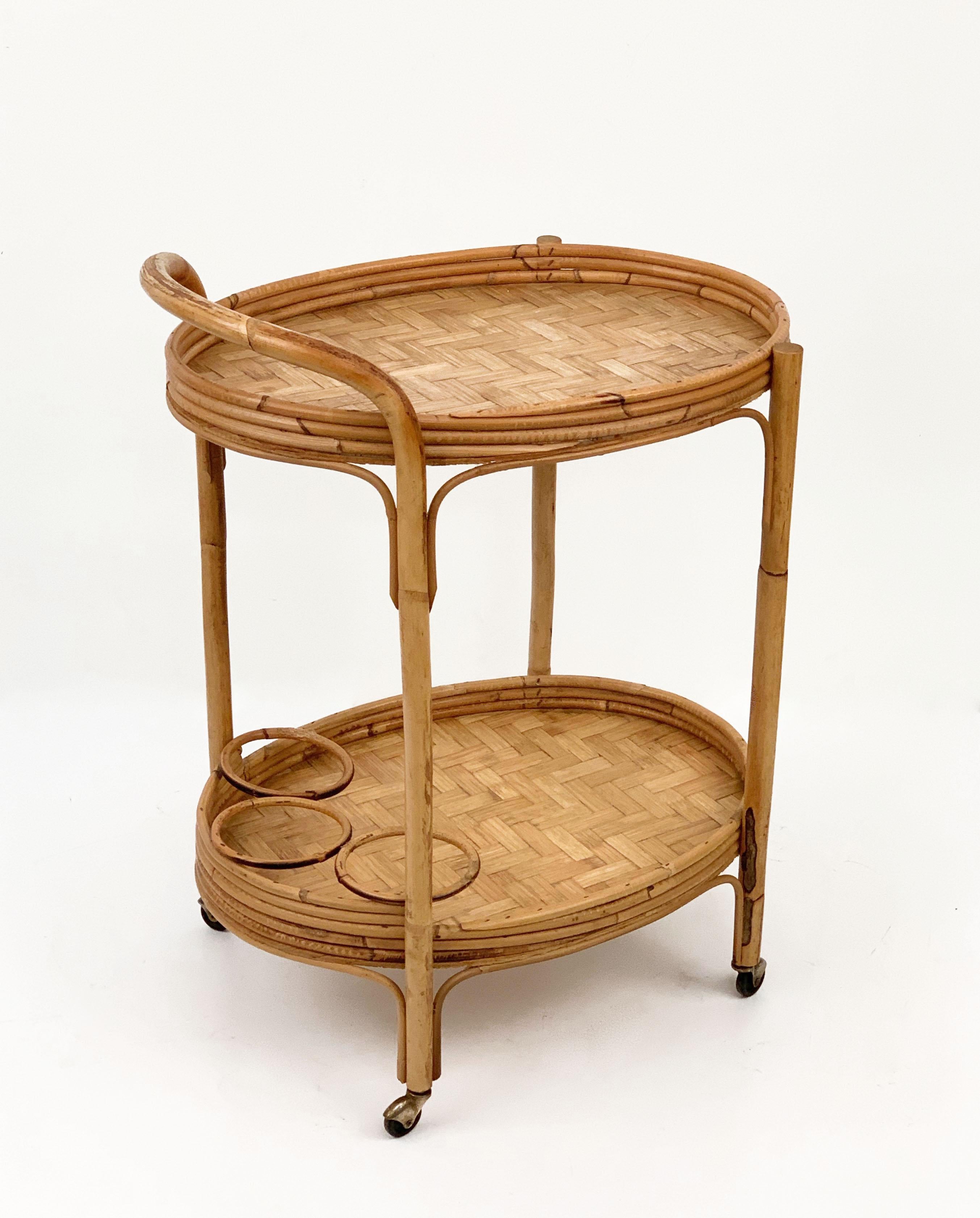 Midcentury Italian Bamboo and Rattan Oval Serving Side Bar Cart, 1960s 1