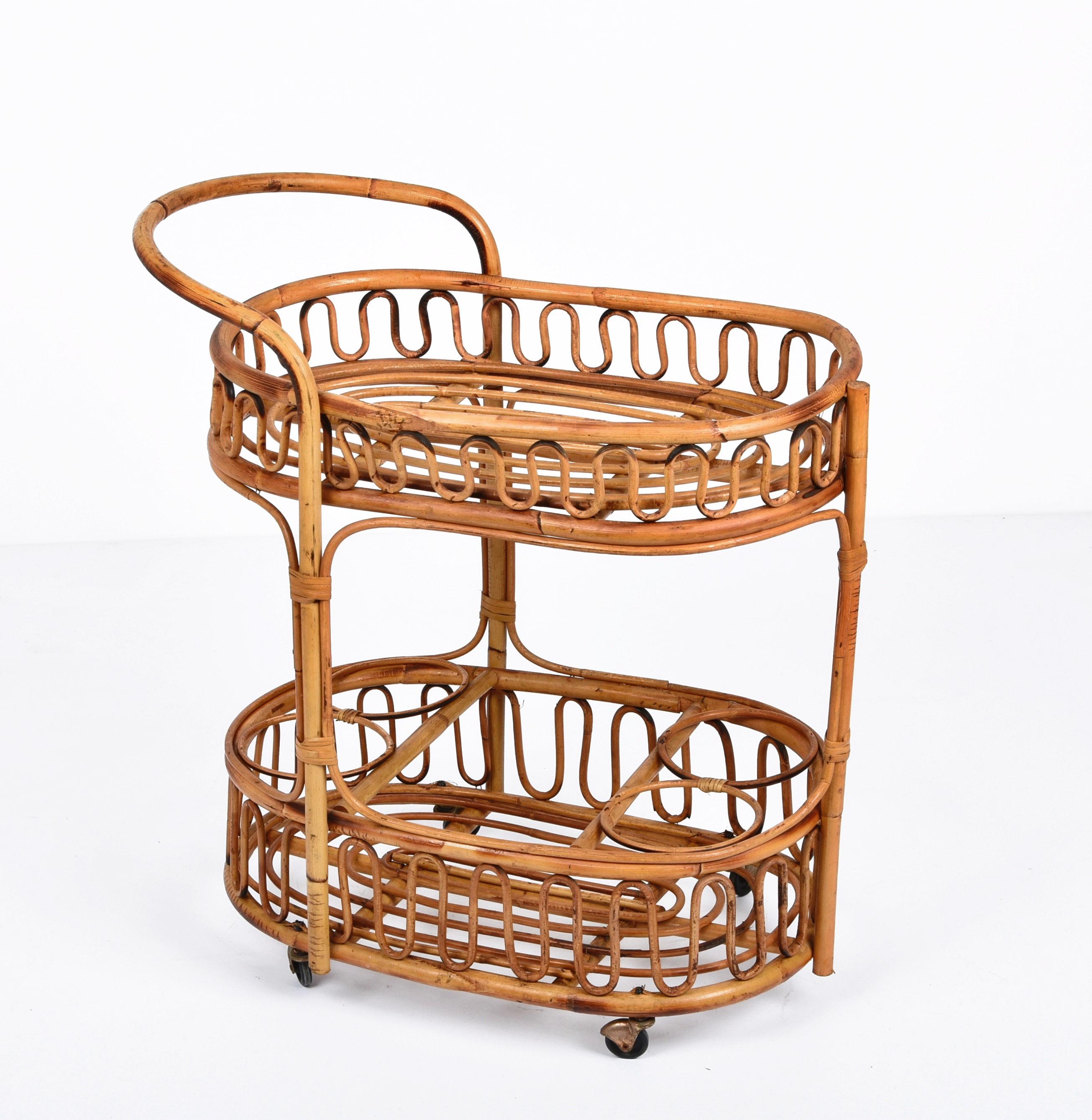 Midcentury Italian Bamboo and Rattan Oval Serving Side Bar Cart, 1960s 1
