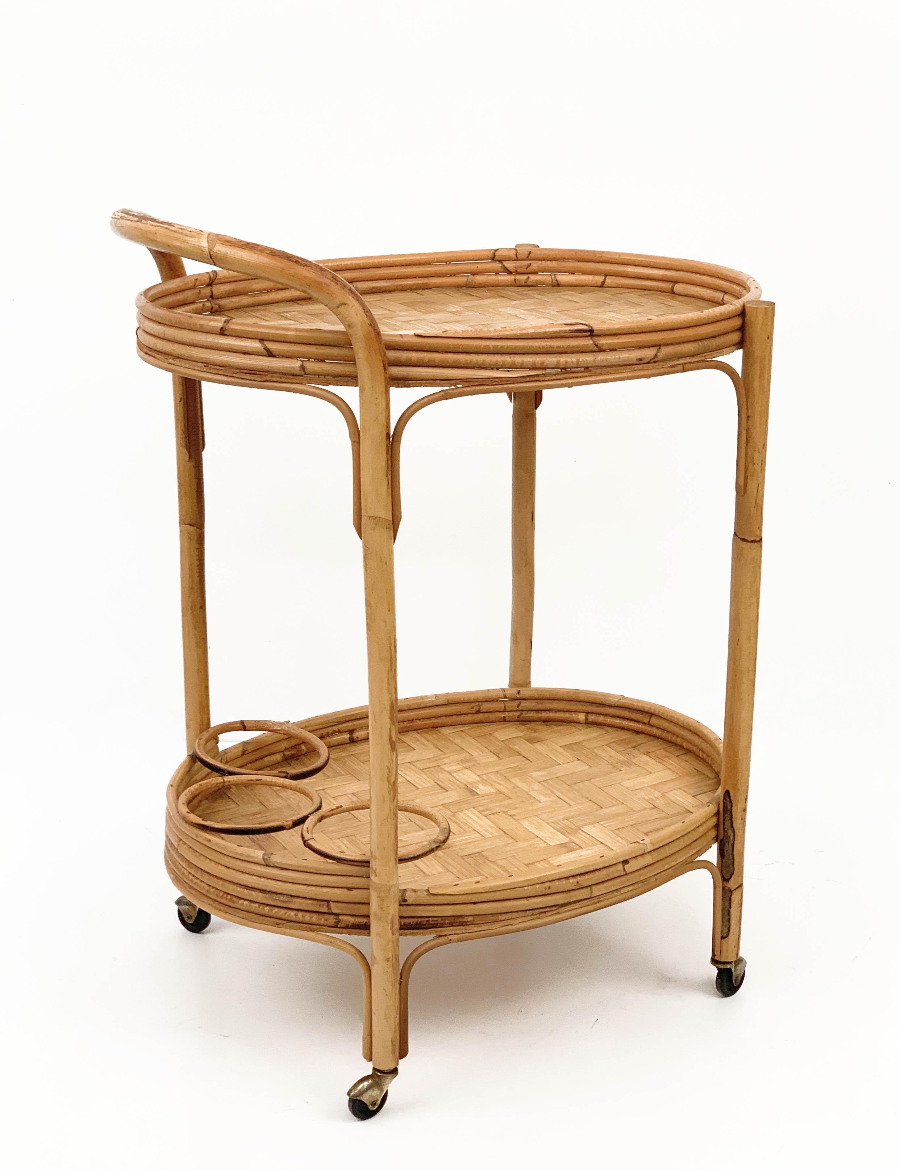 Midcentury Italian Bamboo and Rattan Oval Serving Side Bar Cart, 1960s 2