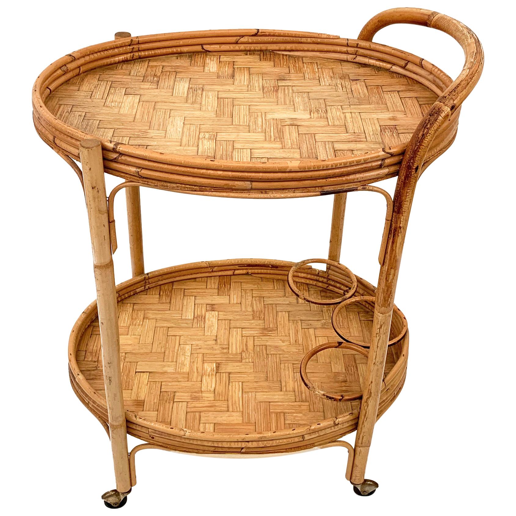 Midcentury Italian Bamboo and Rattan Oval Serving Side Bar Cart, 1960s