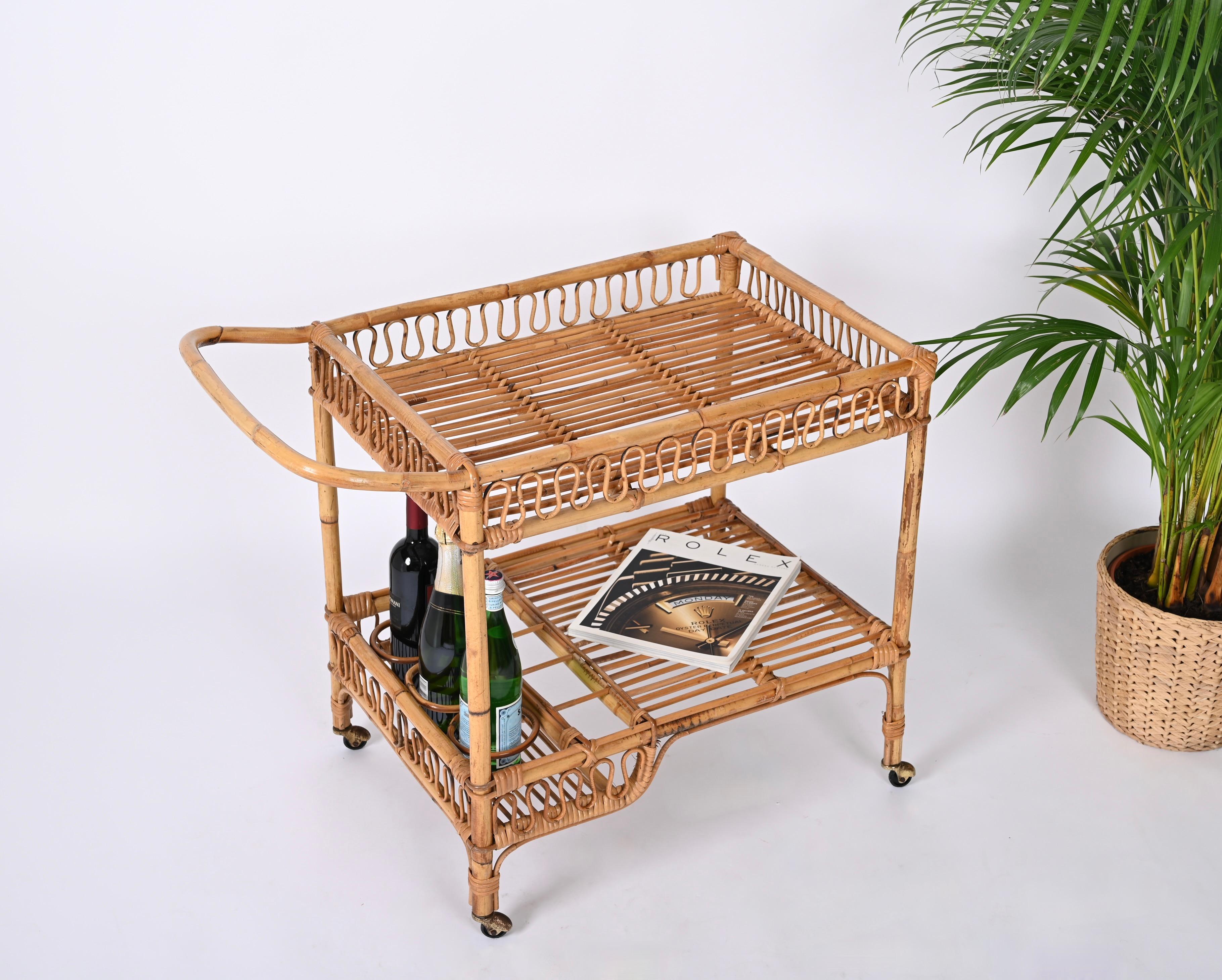 Midcentury Italian Bamboo and Rattan Rectangular Serving Bar Cart Trolley, 1960s 4
