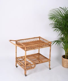 Midcentury Italian Bamboo and Rattan Rectangular Serving Bar Cart Trolley, 1960s
