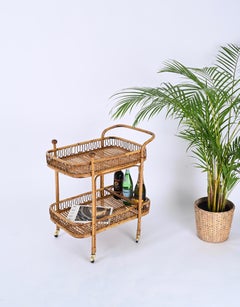 Midcentury Italian Bamboo and Rattan Rectangular Serving Bar Cart Trolley, 1960s