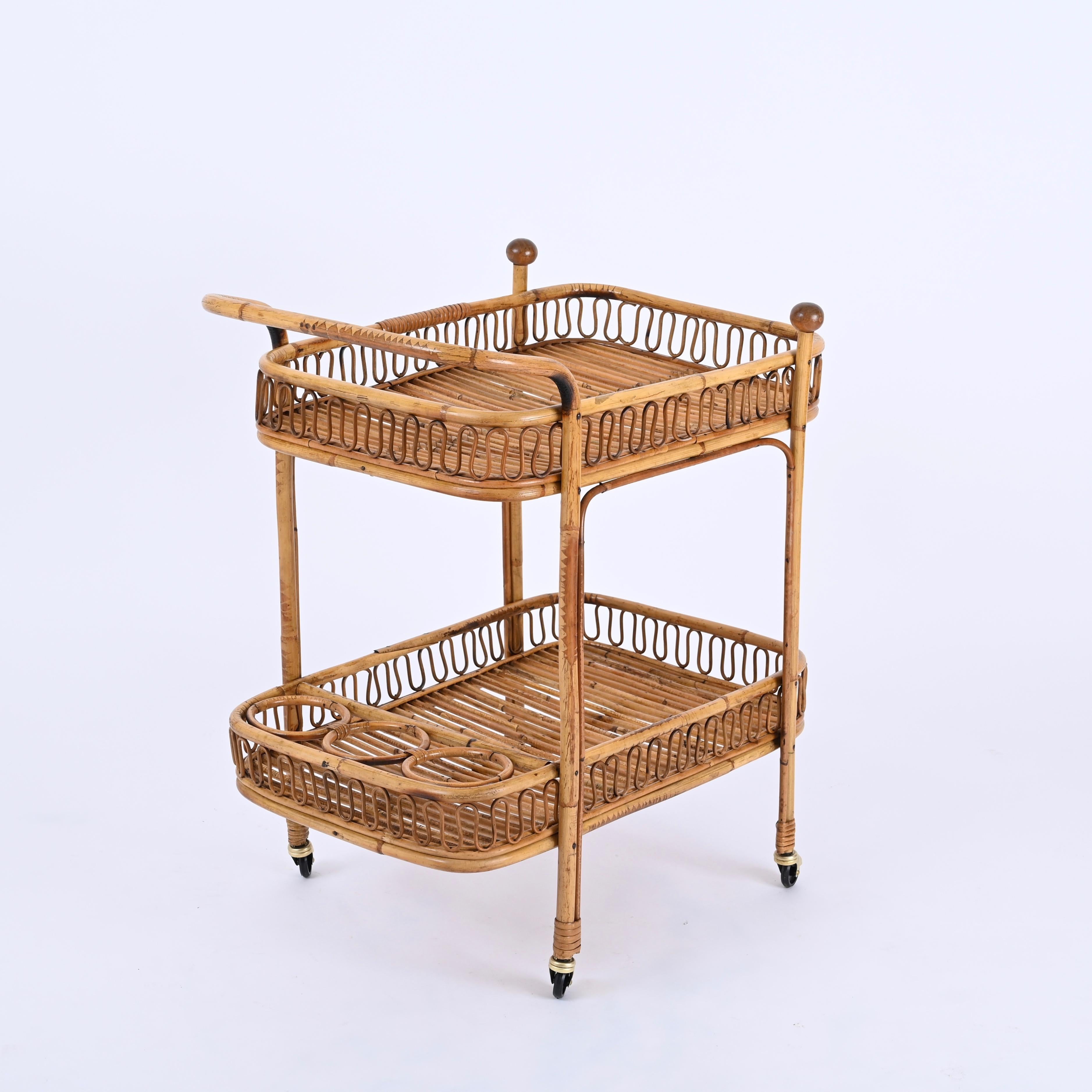 Midcentury Italian Bamboo and Rattan Rectangular Serving Bar Cart Trolley, 1960s 2