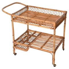 Midcentury Italian Bamboo and Rattan Rectangular Serving Bar Cart Trolley, 1960s