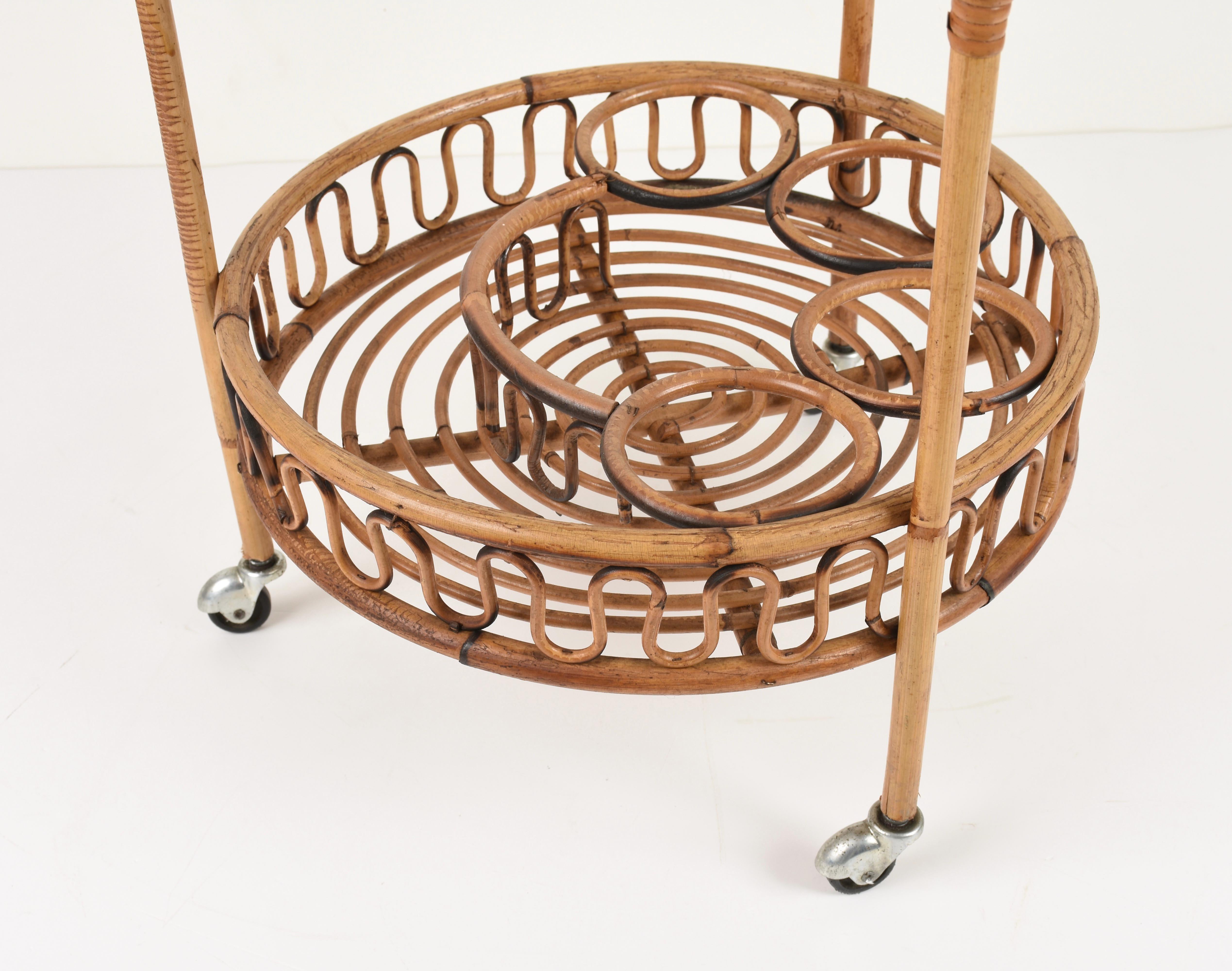 Midcentury Italian Bamboo and Rattan Round Serving Bar Cart Side Table, 1960s 7