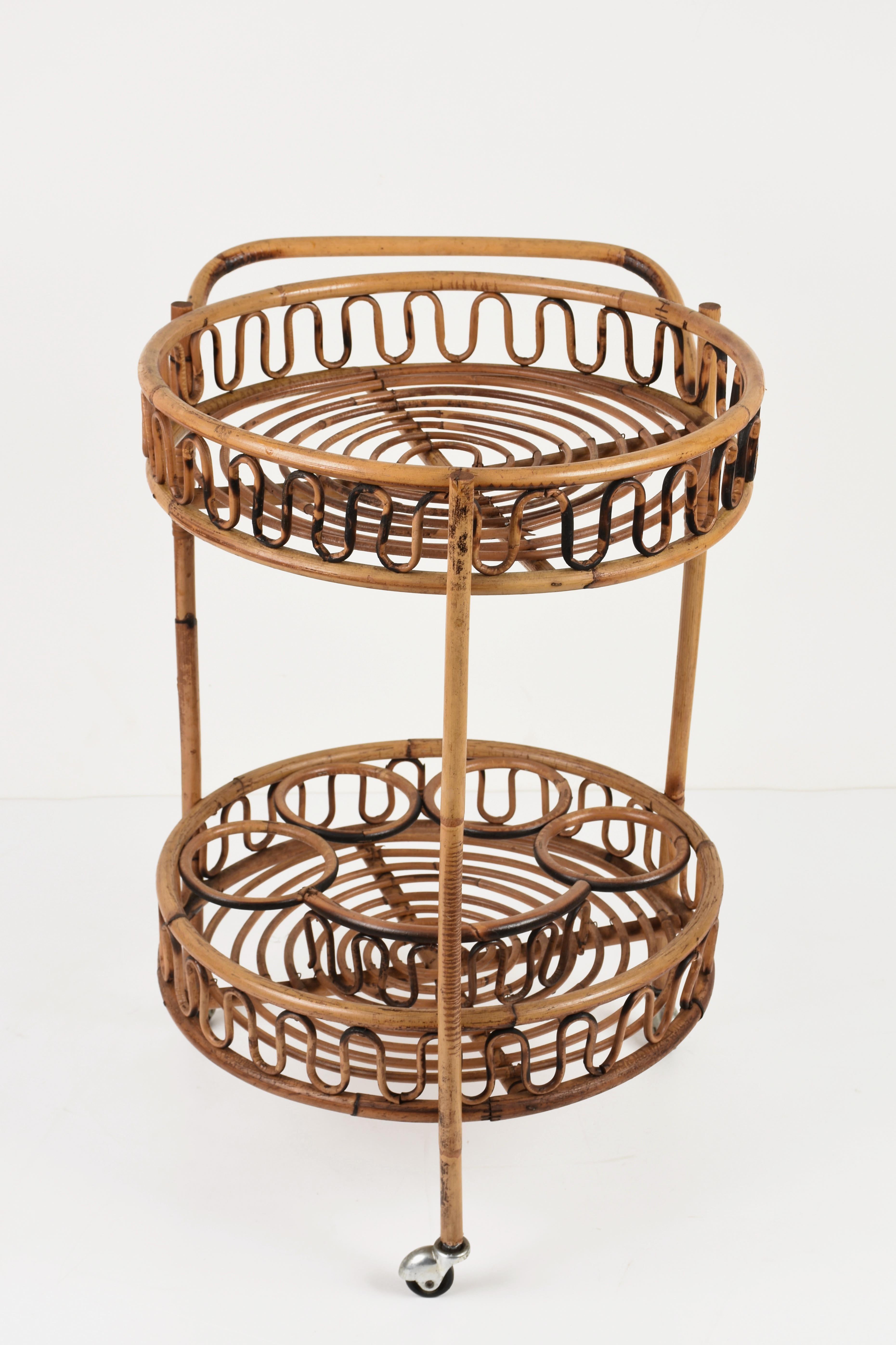 Mid-20th Century Midcentury Italian Bamboo and Rattan Round Serving Bar Cart Side Table, 1960s