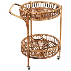Midcentury Italian Bamboo and Rattan Round Serving Bar Cart Side Table, 1960s