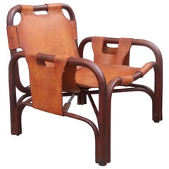 Midcentury Italian Rattan Armchair in Calf Leather Attributed Tito Agnoli 