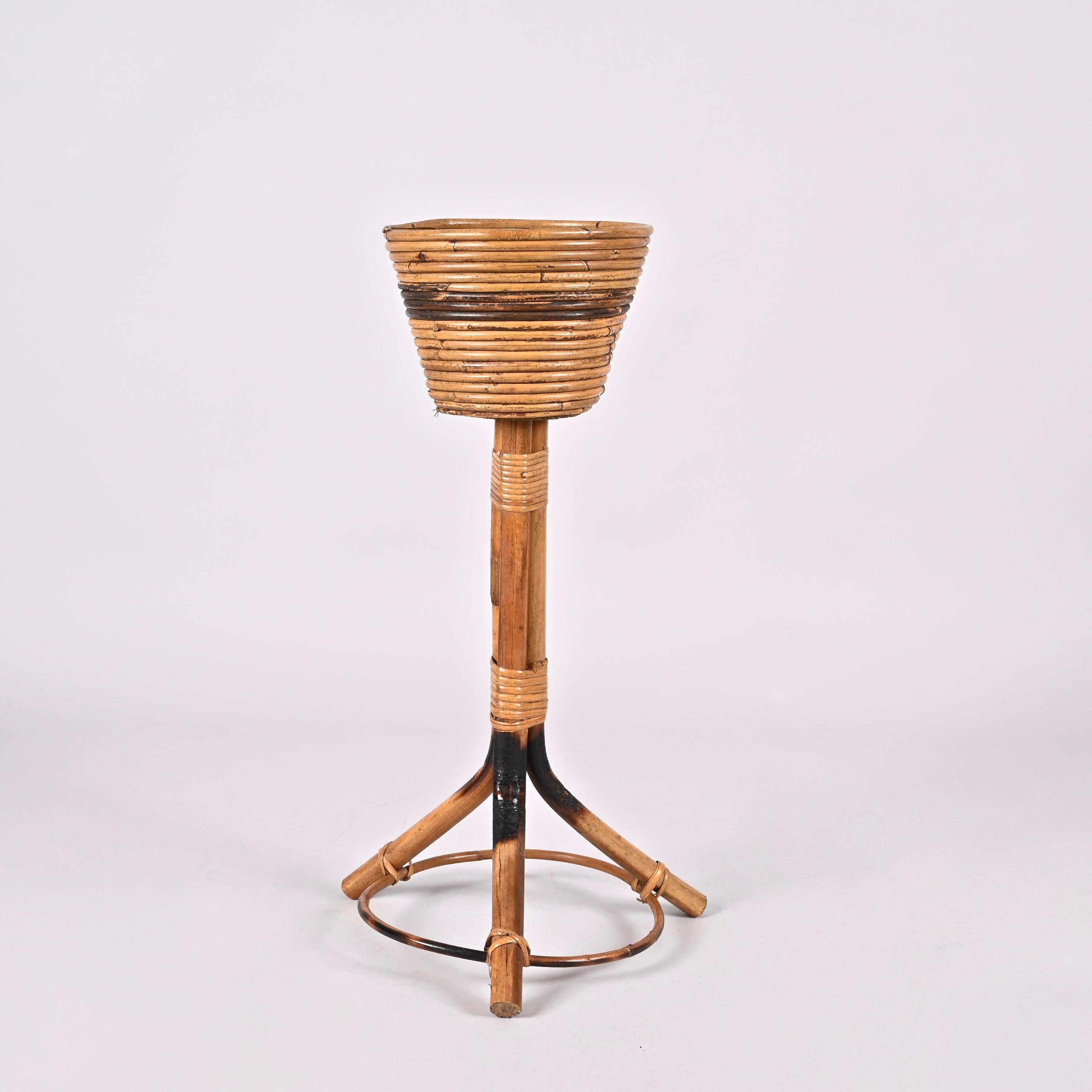 Midcentury Italian Bamboo Cane and Rattan Round Plant Holder, 1950s For Sale 1