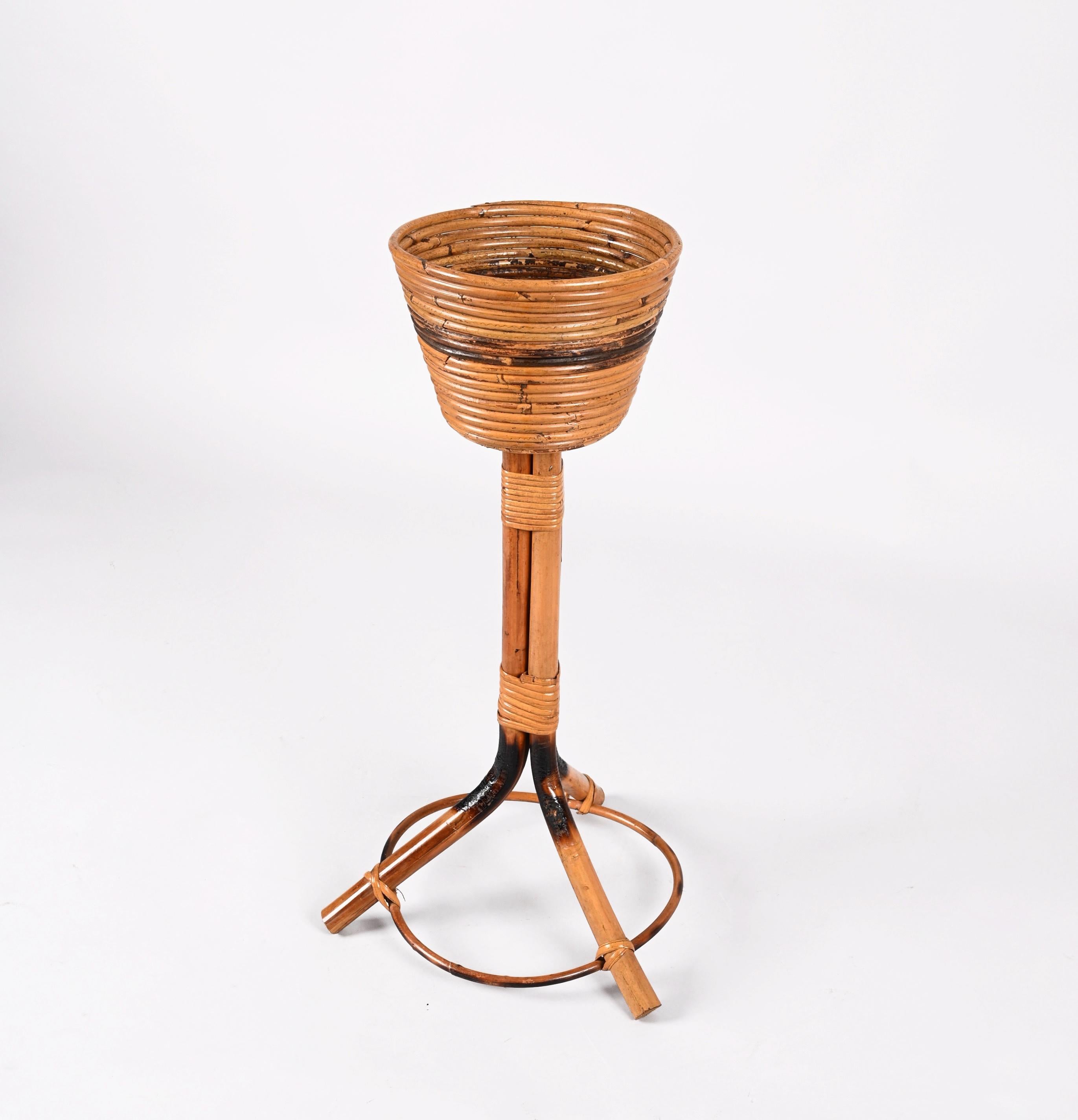 Midcentury Italian Bamboo Cane and Rattan Round Plant Holder, 1950s For Sale 3