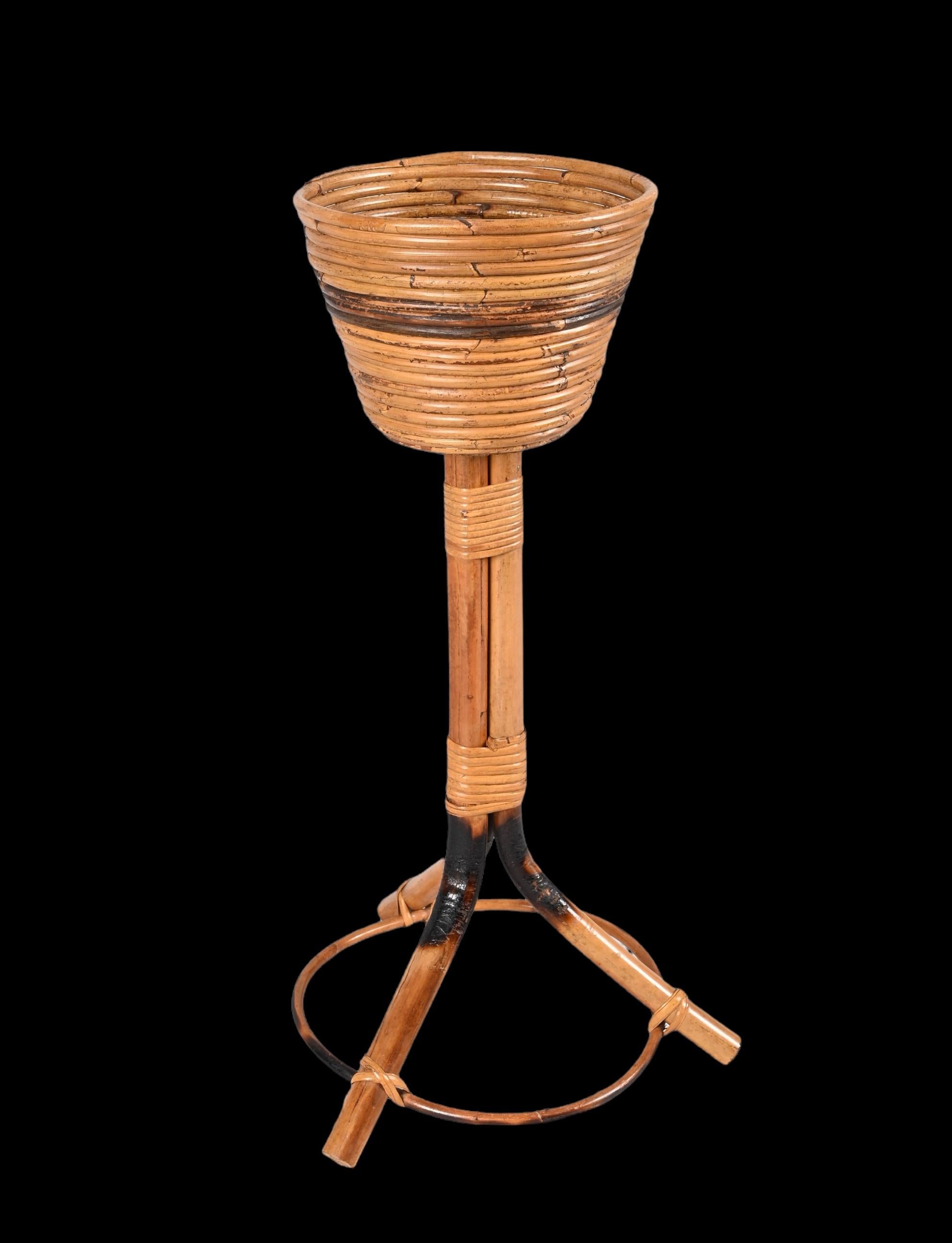 Midcentury Italian Bamboo Cane and Rattan Round Plant Holder, 1950s For Sale 4