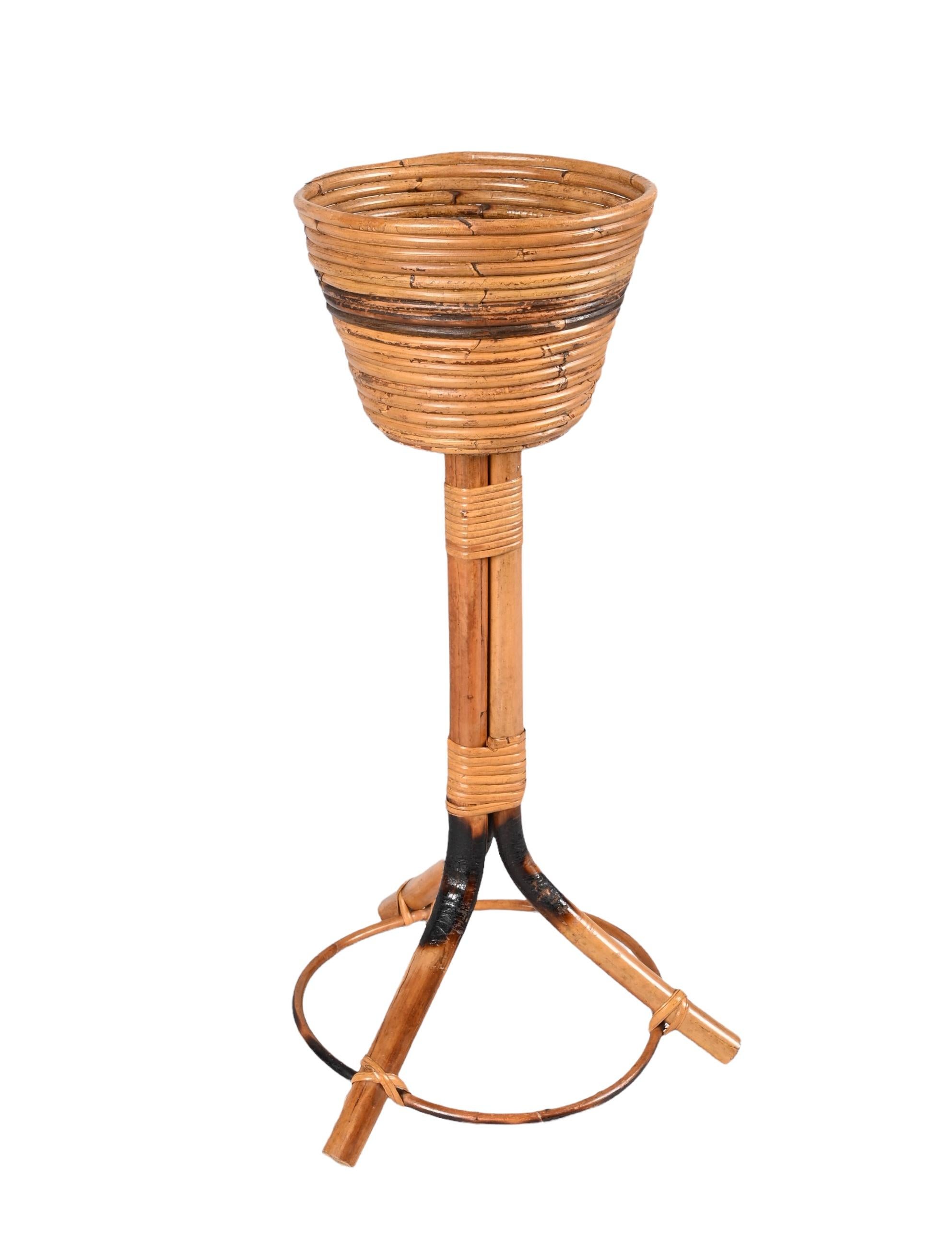 Midcentury Italian Bamboo Cane and Rattan Round Plant Holder, 1950s For Sale 5
