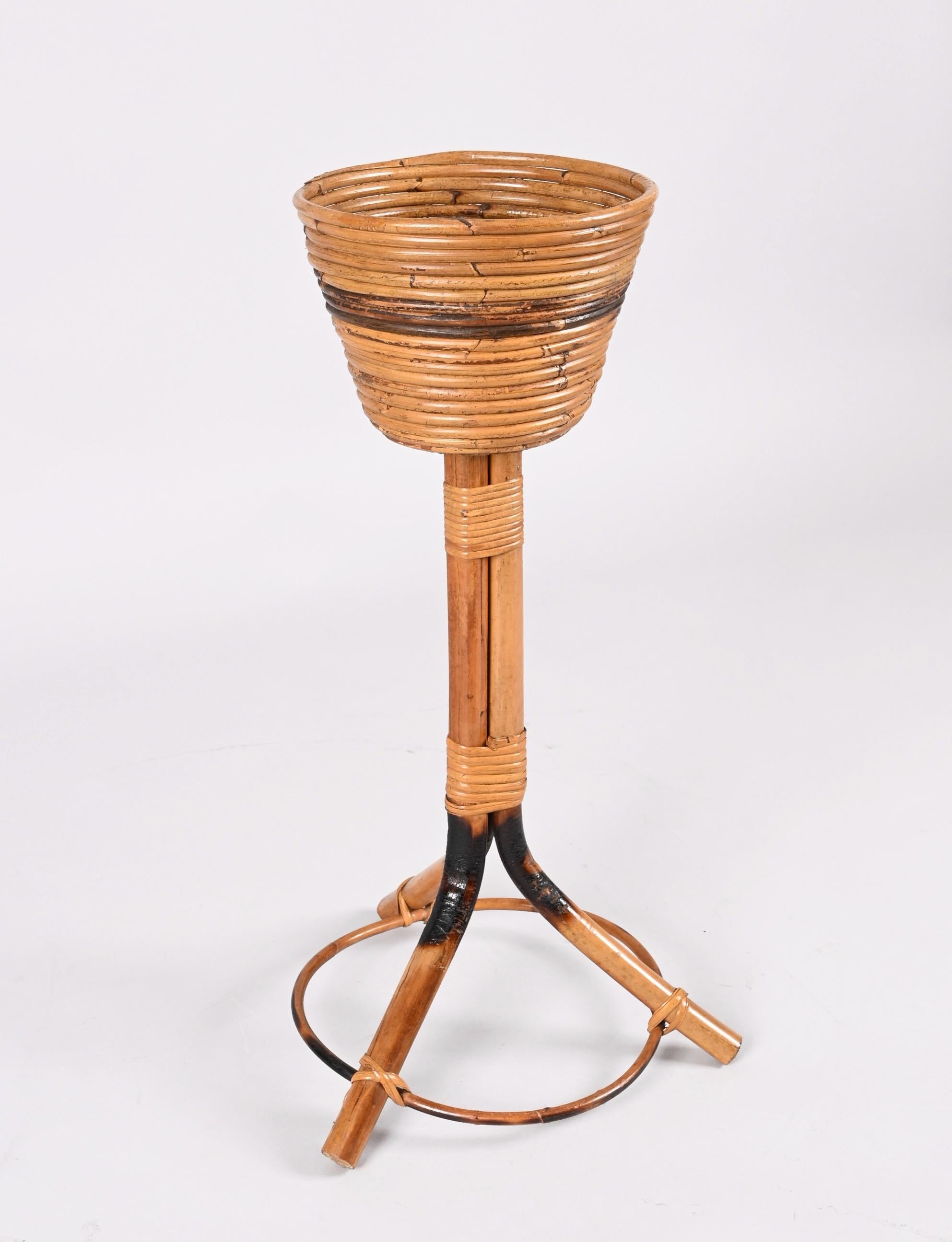 Midcentury Italian Bamboo Cane and Rattan Round Plant Holder, 1950s For Sale 6