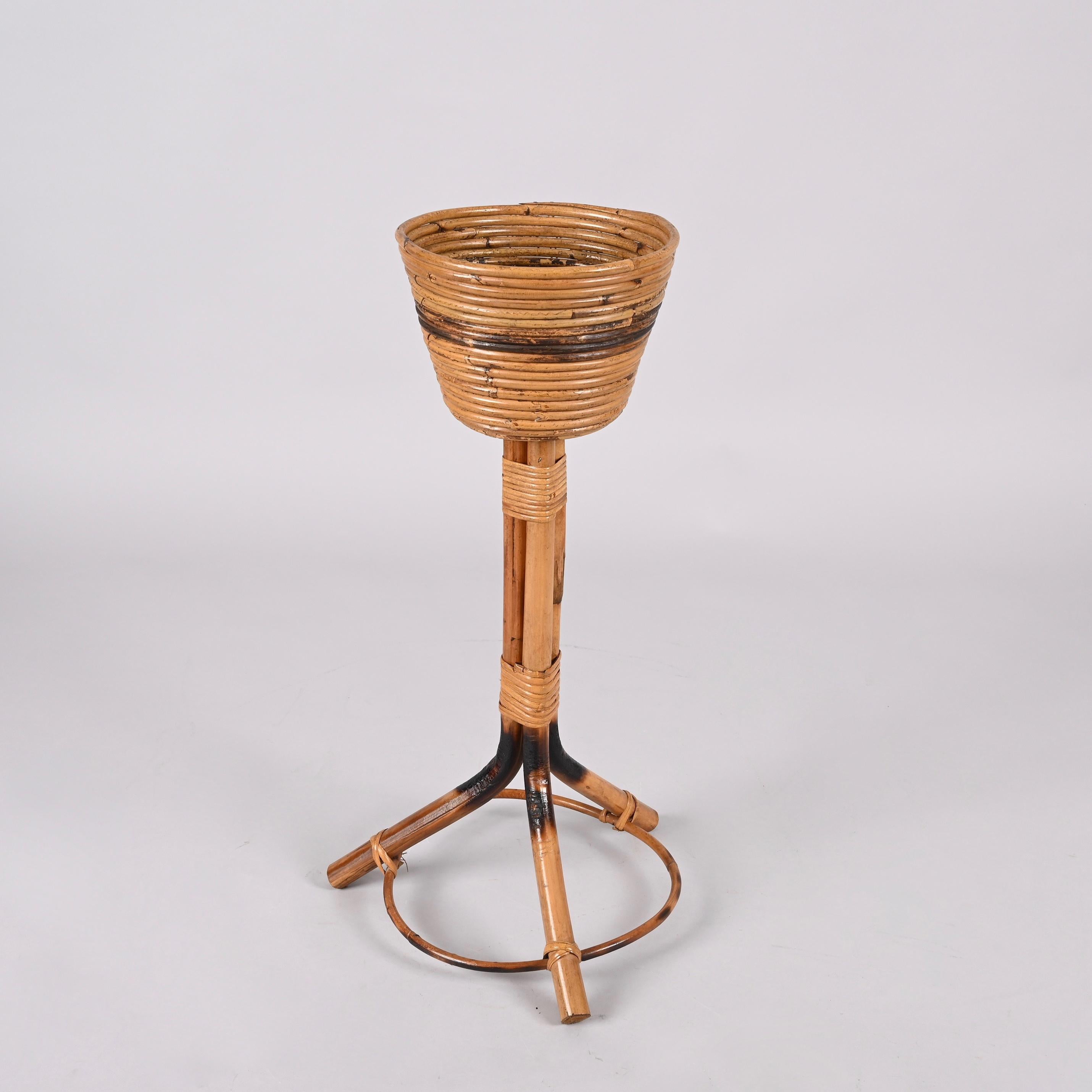 Midcentury Italian Bamboo Cane and Rattan Round Plant Holder, 1950s For Sale 7