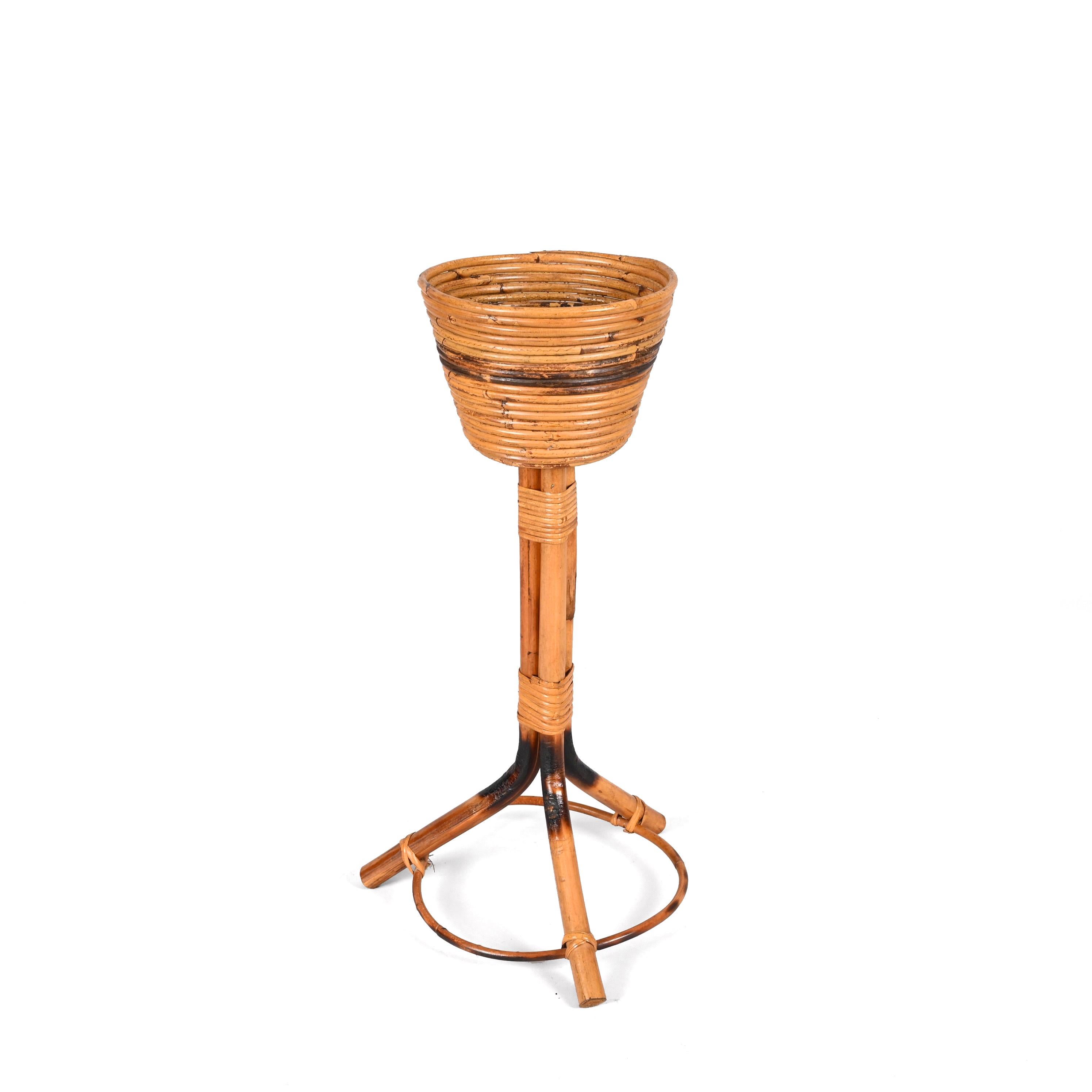 Midcentury Italian Bamboo Cane and Rattan Round Plant Holder, 1950s For Sale 8