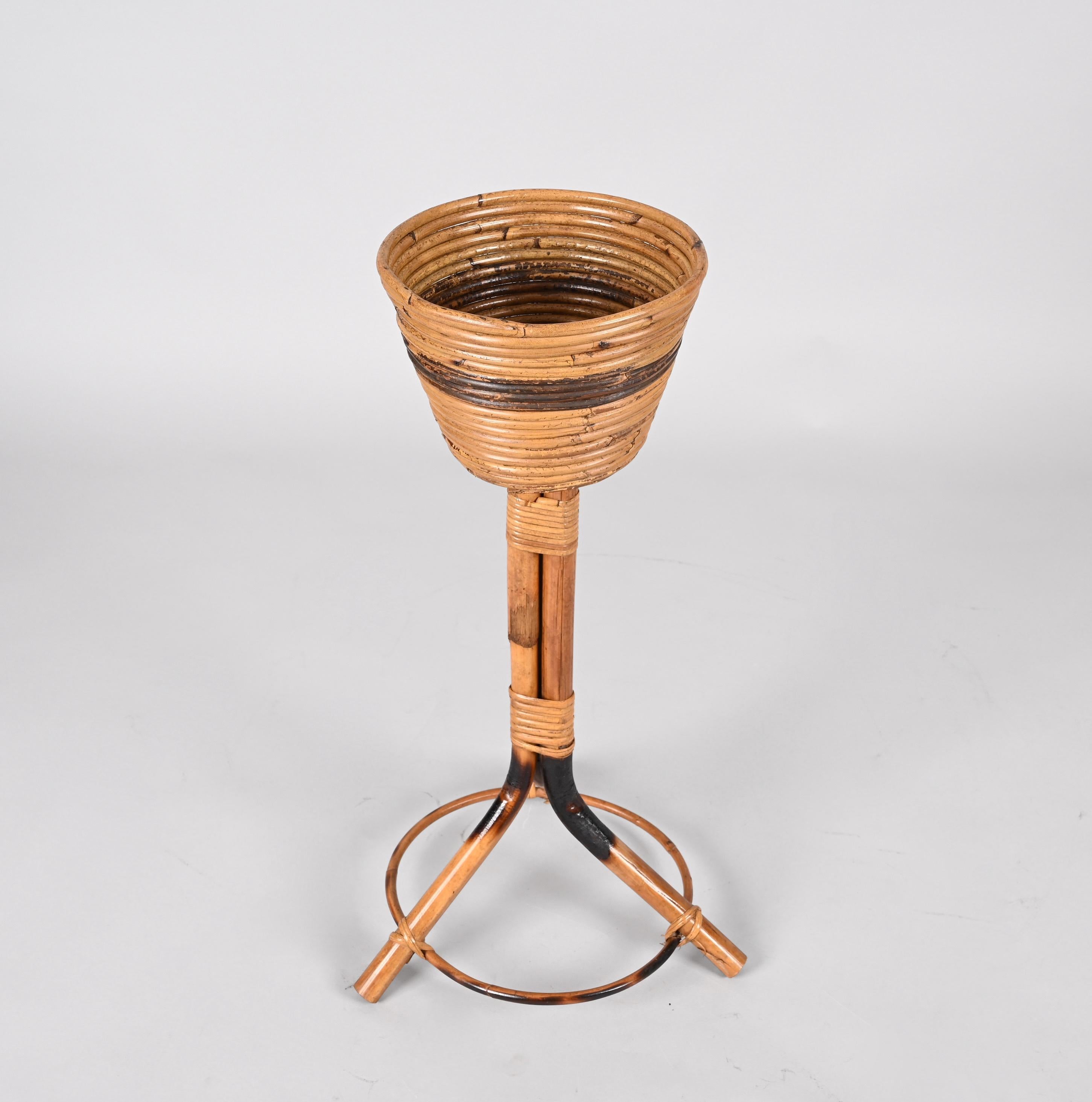 Midcentury Italian Bamboo Cane and Rattan Round Plant Holder, 1950s For Sale 9
