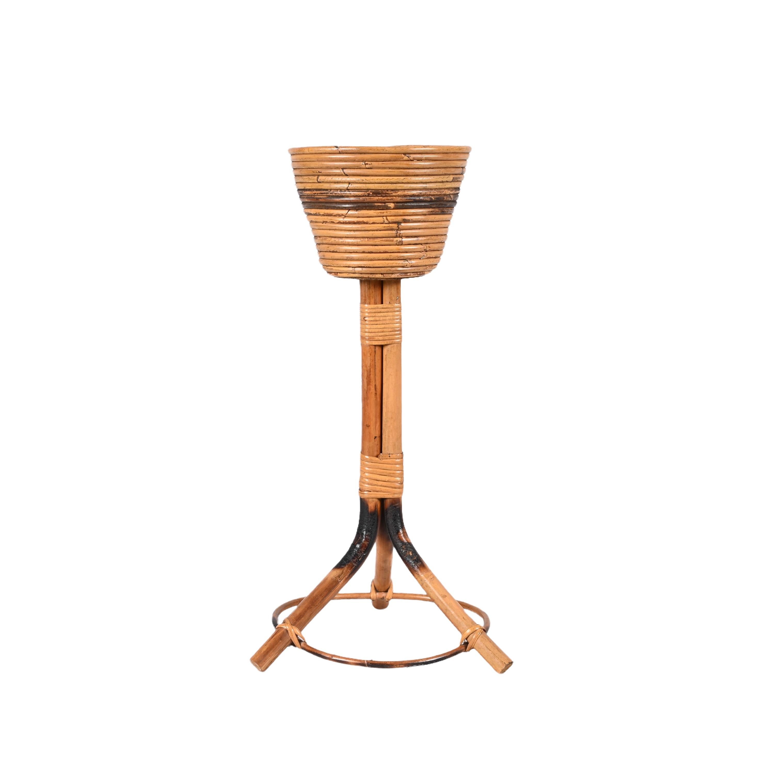 Mid-Century Modern Midcentury Italian Bamboo Cane and Rattan Round Plant Holder, 1950s For Sale