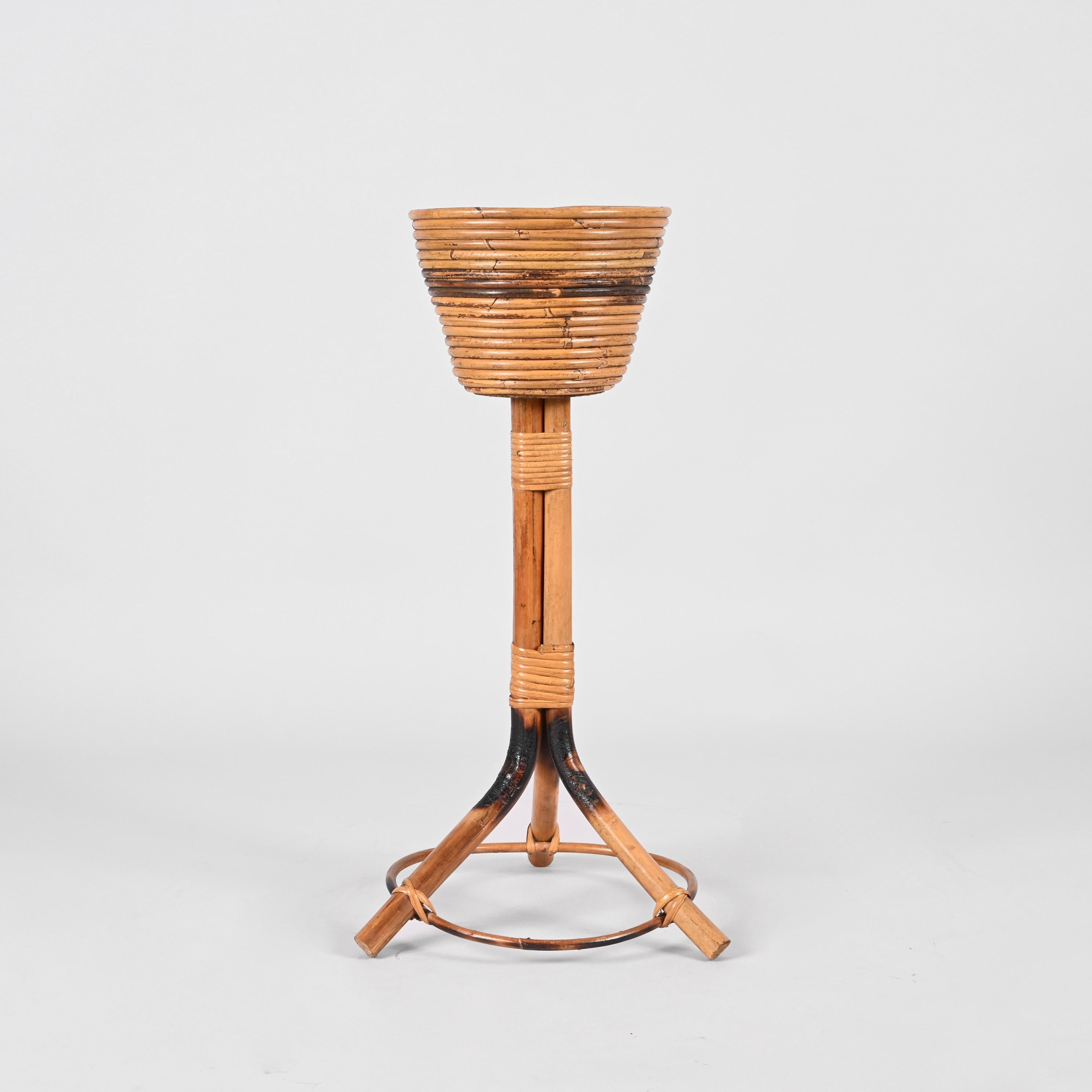 European Midcentury Italian Bamboo Cane and Rattan Round Plant Holder, 1950s For Sale