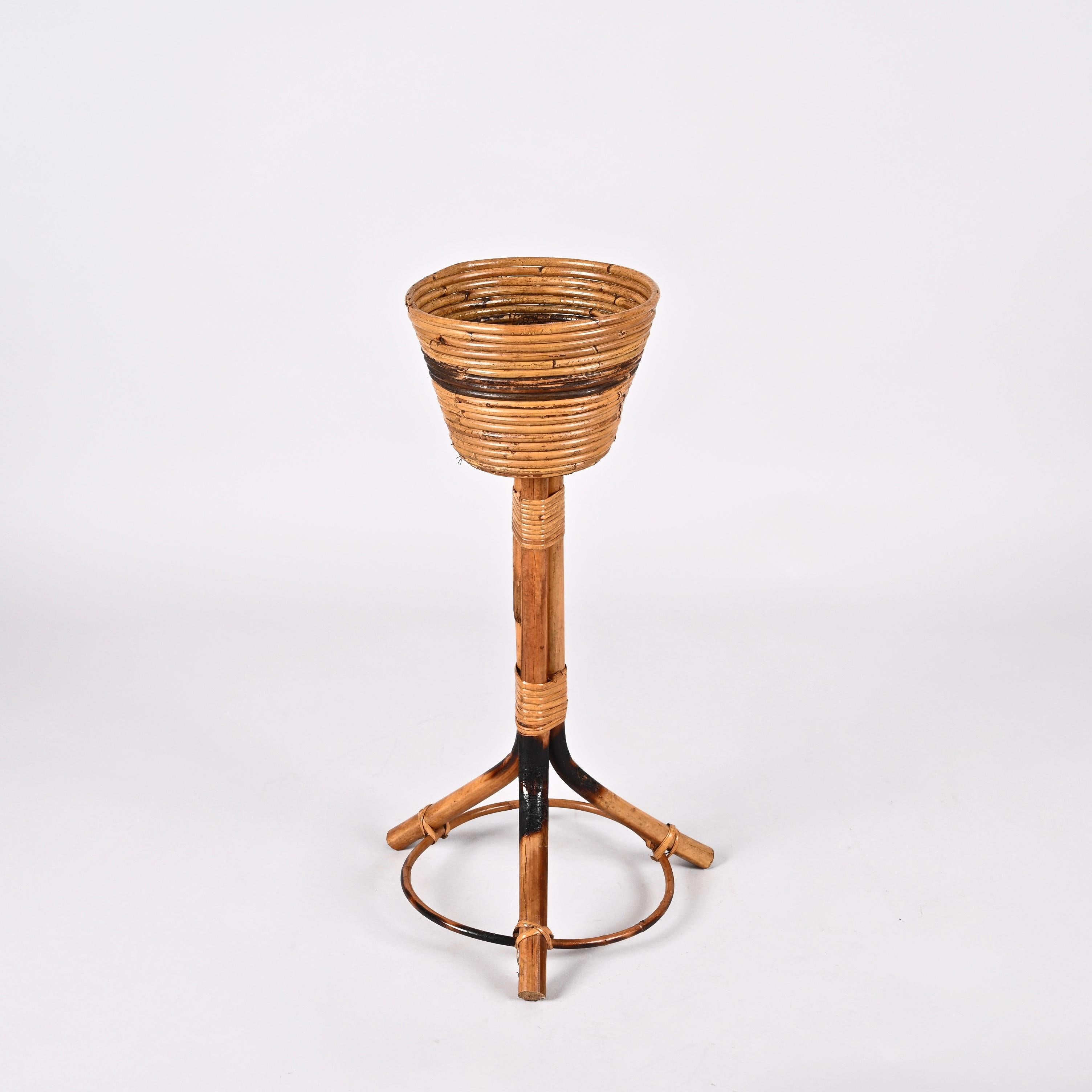 20th Century Midcentury Italian Bamboo Cane and Rattan Round Plant Holder, 1950s For Sale