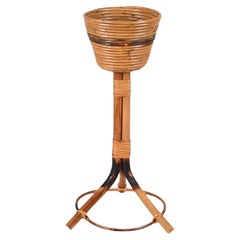 Midcentury Italian Bamboo Cane and Rattan Round Plant Holder, 1950s