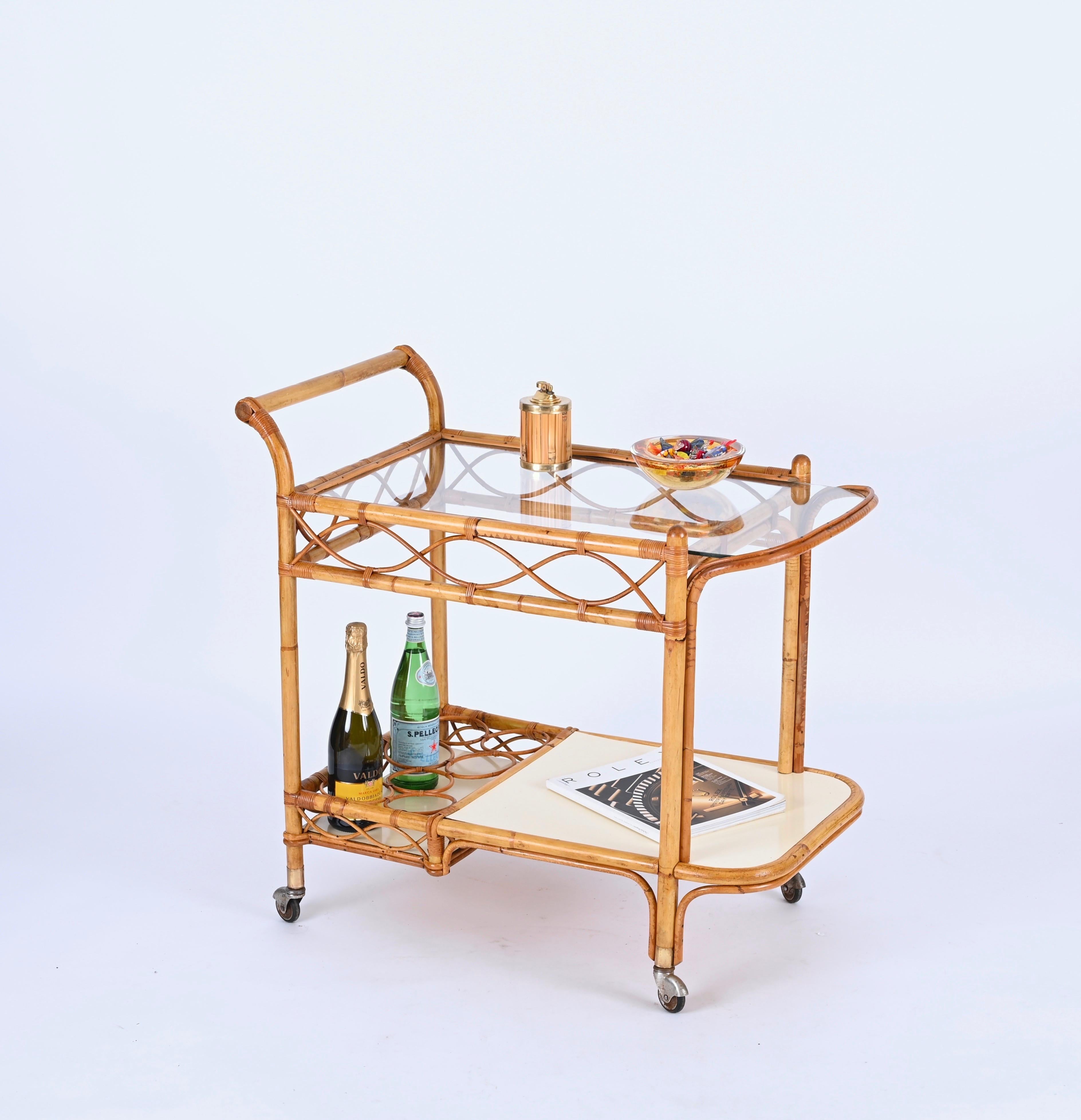 Midcentury Italian Bamboo, Rattan and Formica Bar Serving Cart, Italy 1960s For Sale 5