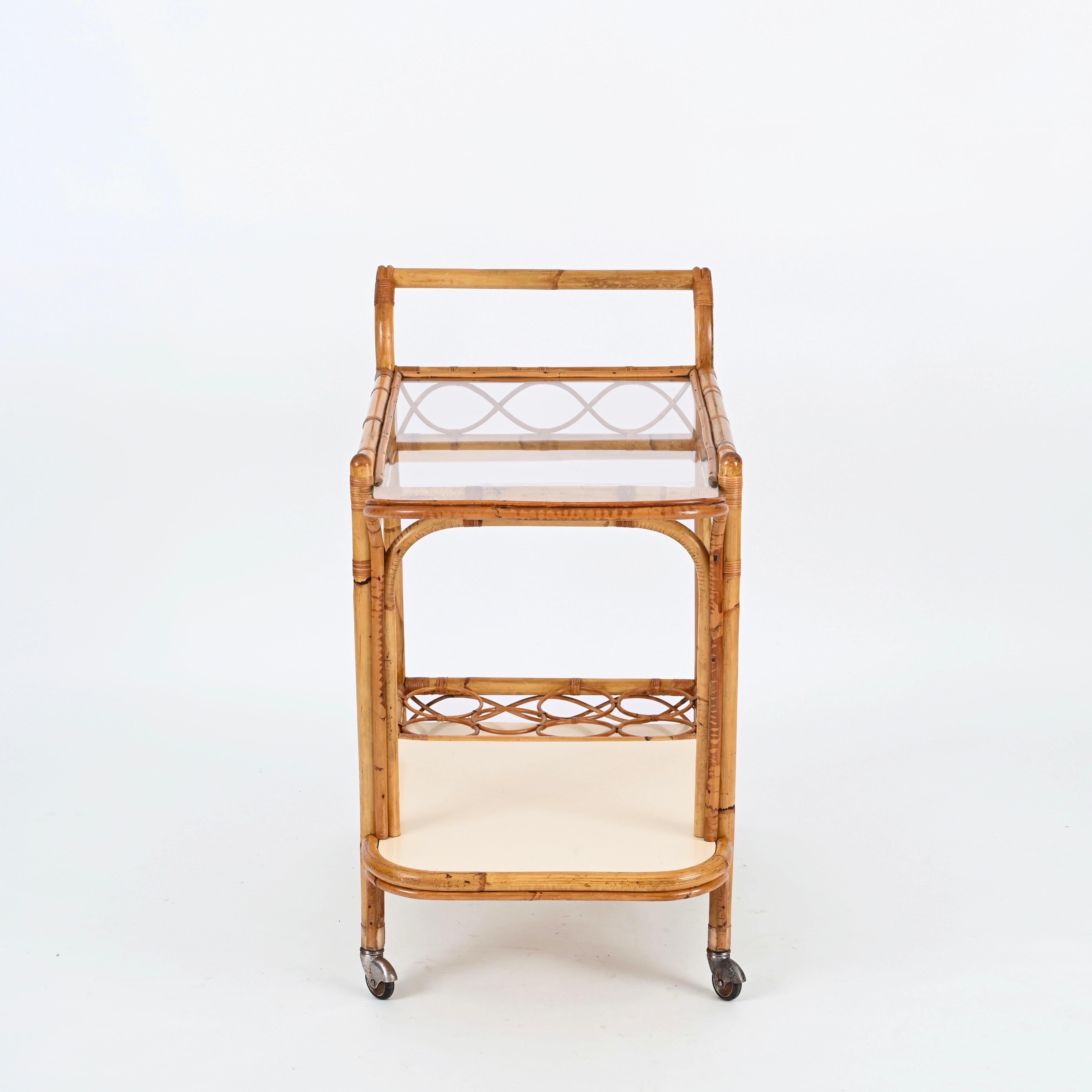 Midcentury Italian Bamboo, Rattan and Formica Bar Serving Cart, Italy 1960s For Sale 6