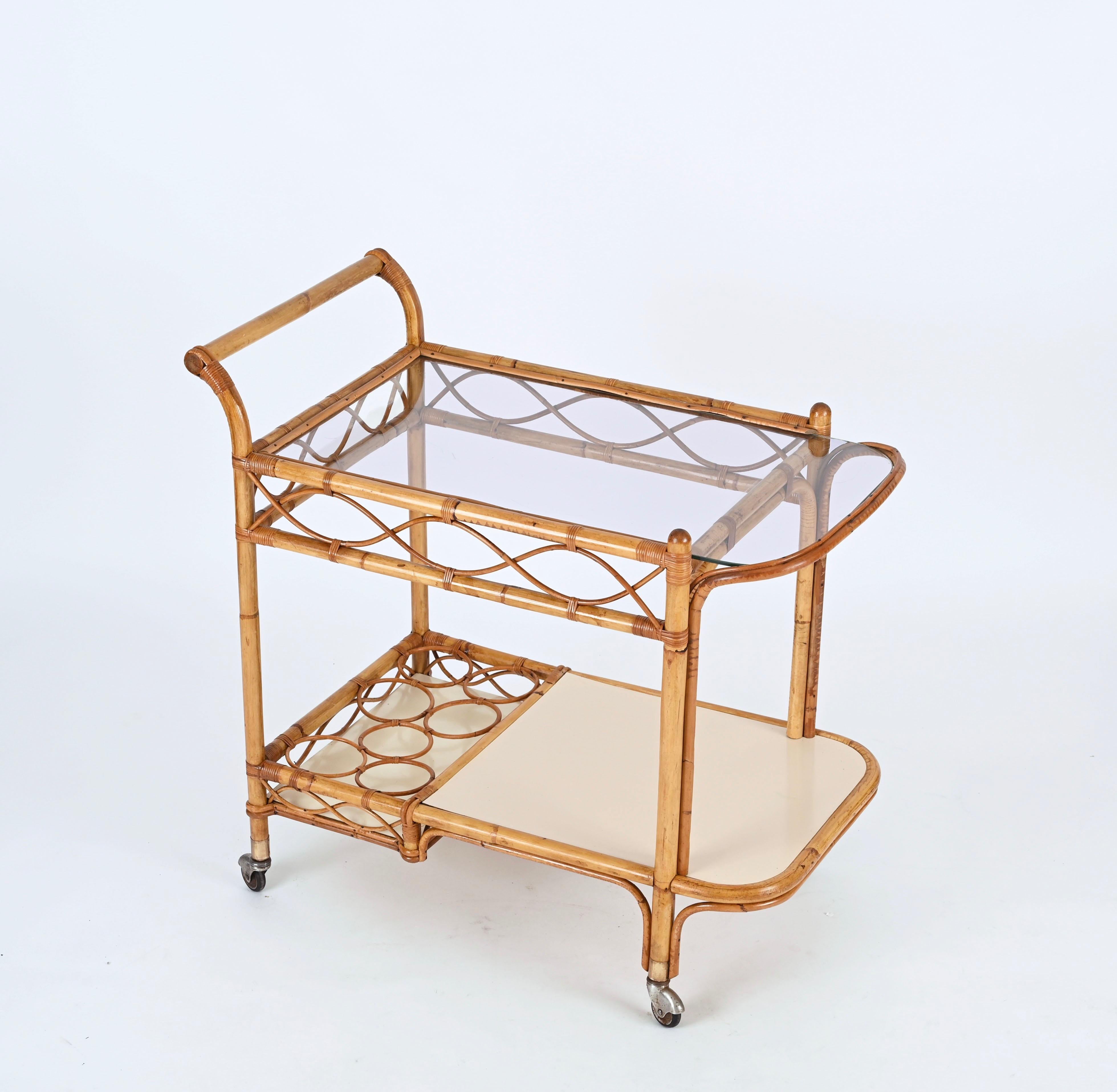 Midcentury Italian Bamboo, Rattan and Formica Bar Serving Cart, Italy 1960s For Sale 7