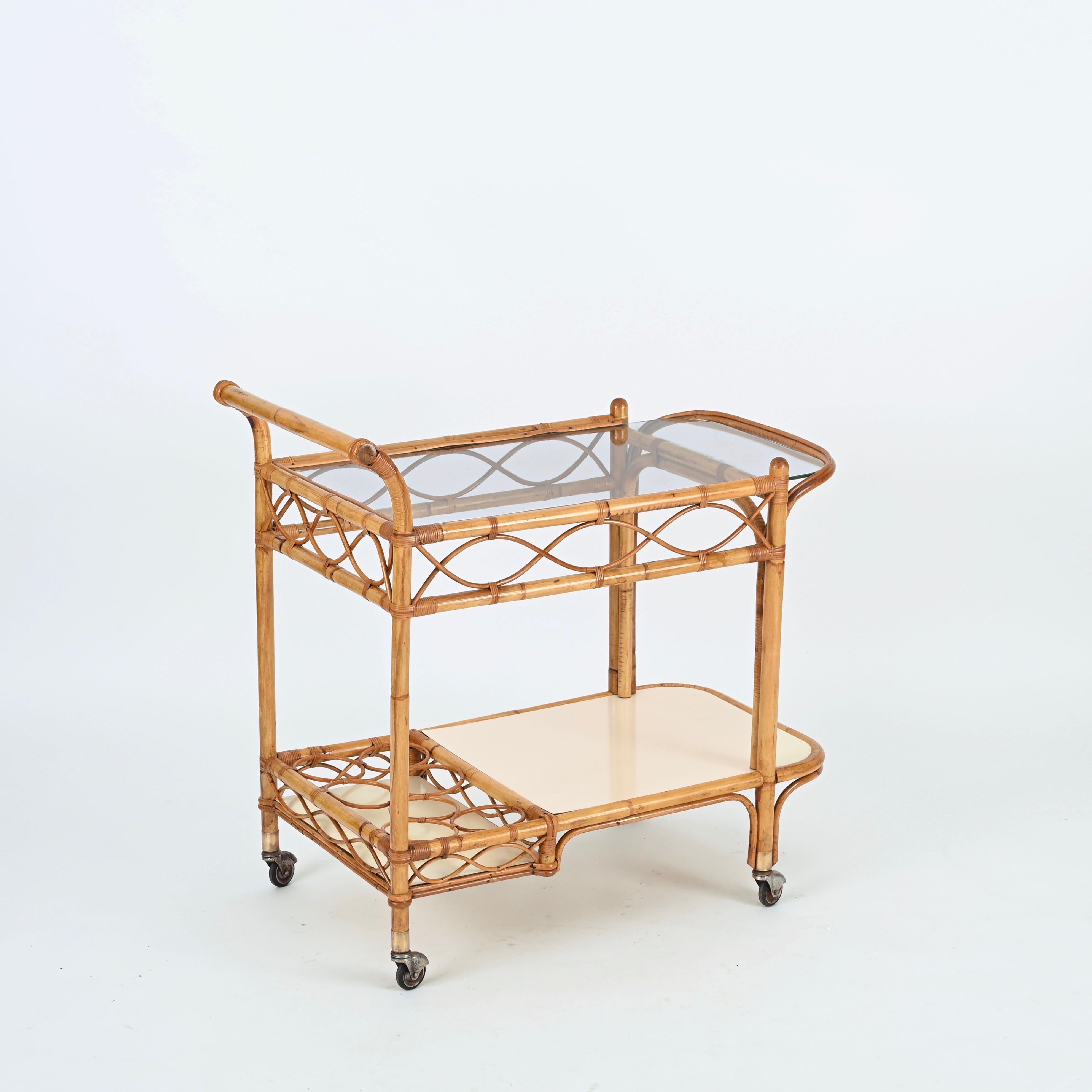 Midcentury Italian Bamboo, Rattan and Formica Bar Serving Cart, Italy 1960s For Sale 8