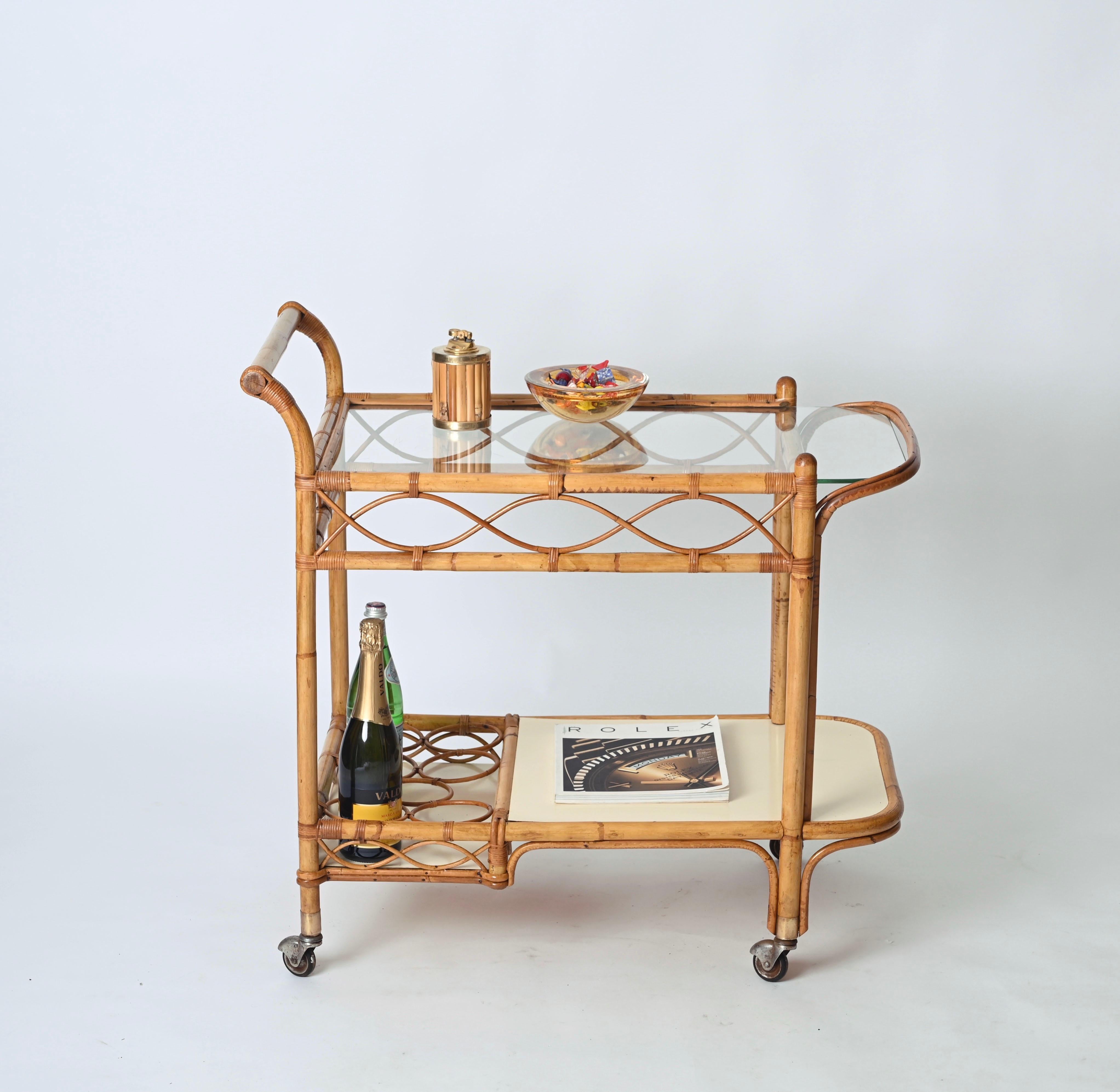 Hand-Woven Midcentury Italian Bamboo, Rattan and Formica Bar Serving Cart, Italy 1960s For Sale