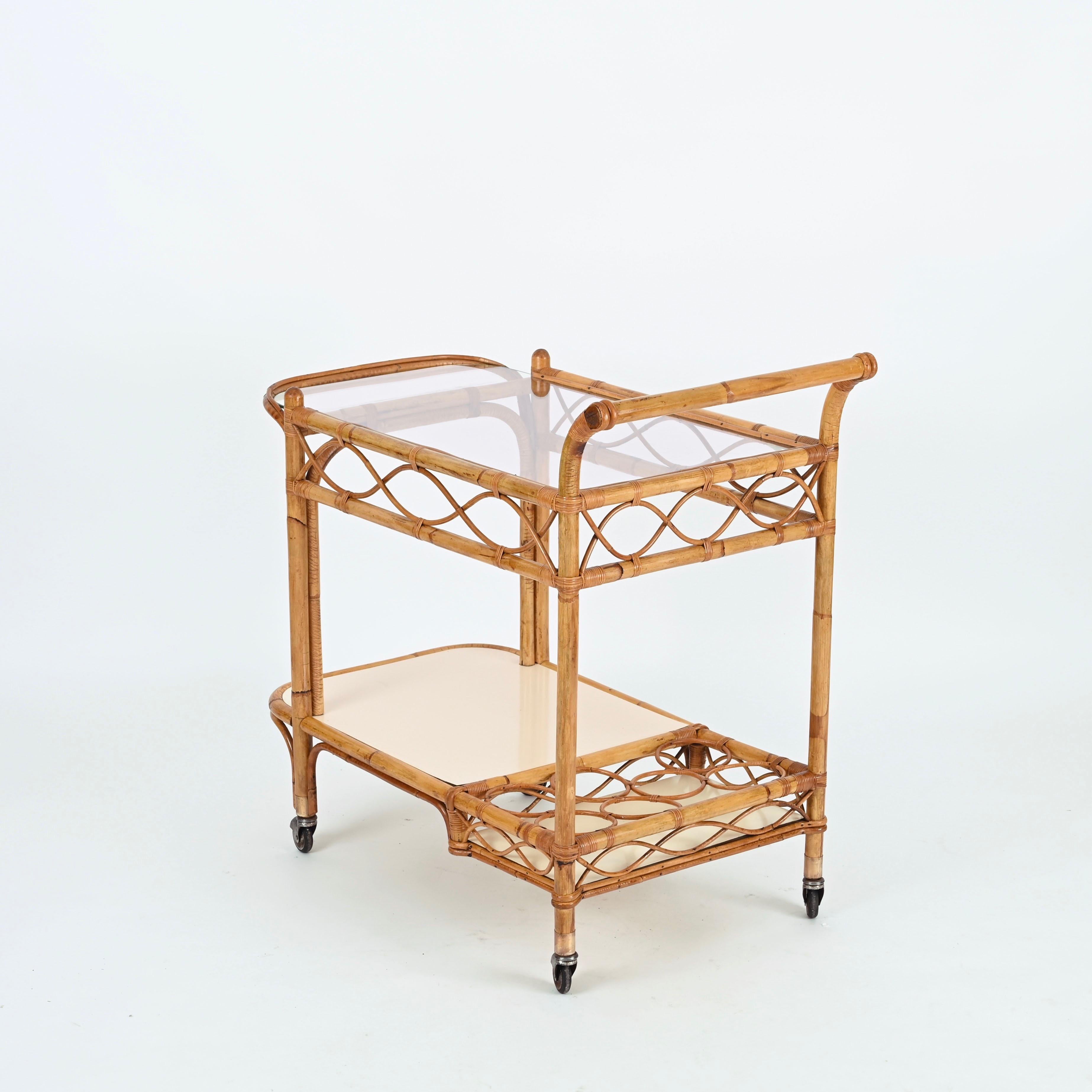 Midcentury Italian Bamboo, Rattan and Formica Bar Serving Cart, Italy 1960s For Sale 2