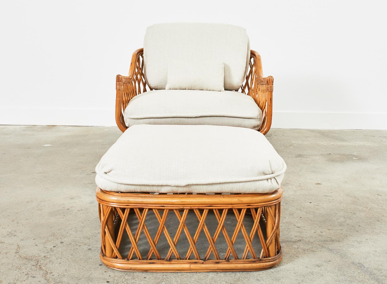 Hand-Crafted Mid-Century Italian Bamboo Rattan Lounge Chair and Ottoman