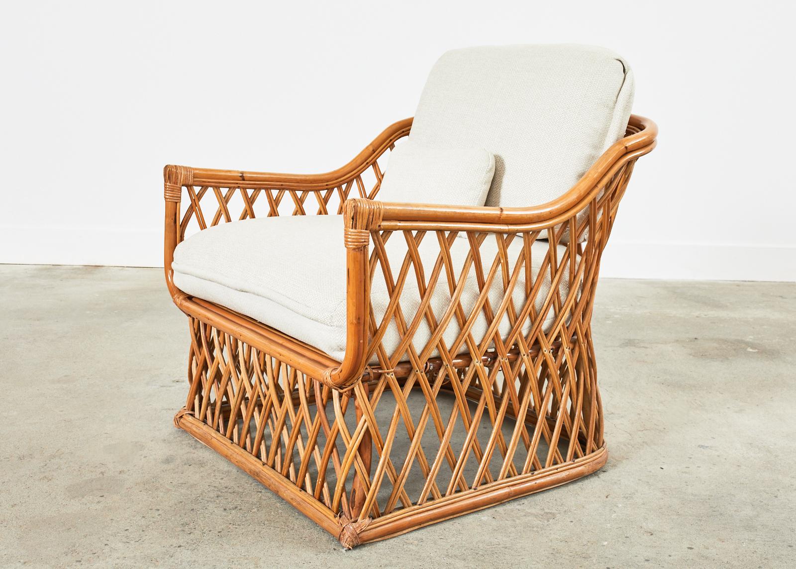 Fabric Mid-Century Italian Bamboo Rattan Lounge Chair and Ottoman