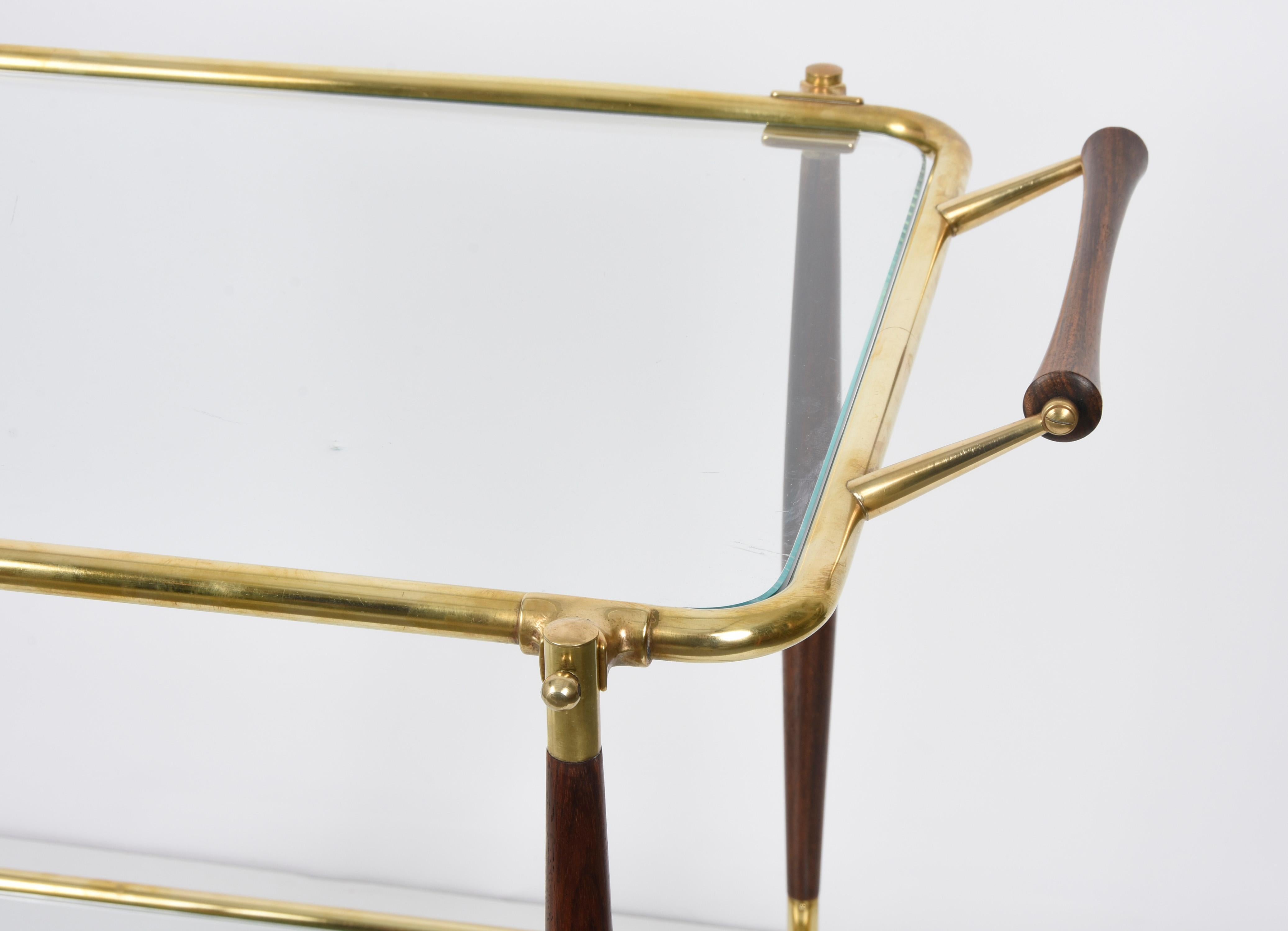 Midcentury Italian Bar Cart Brass and Wood Serving Trolley, 1950s 5
