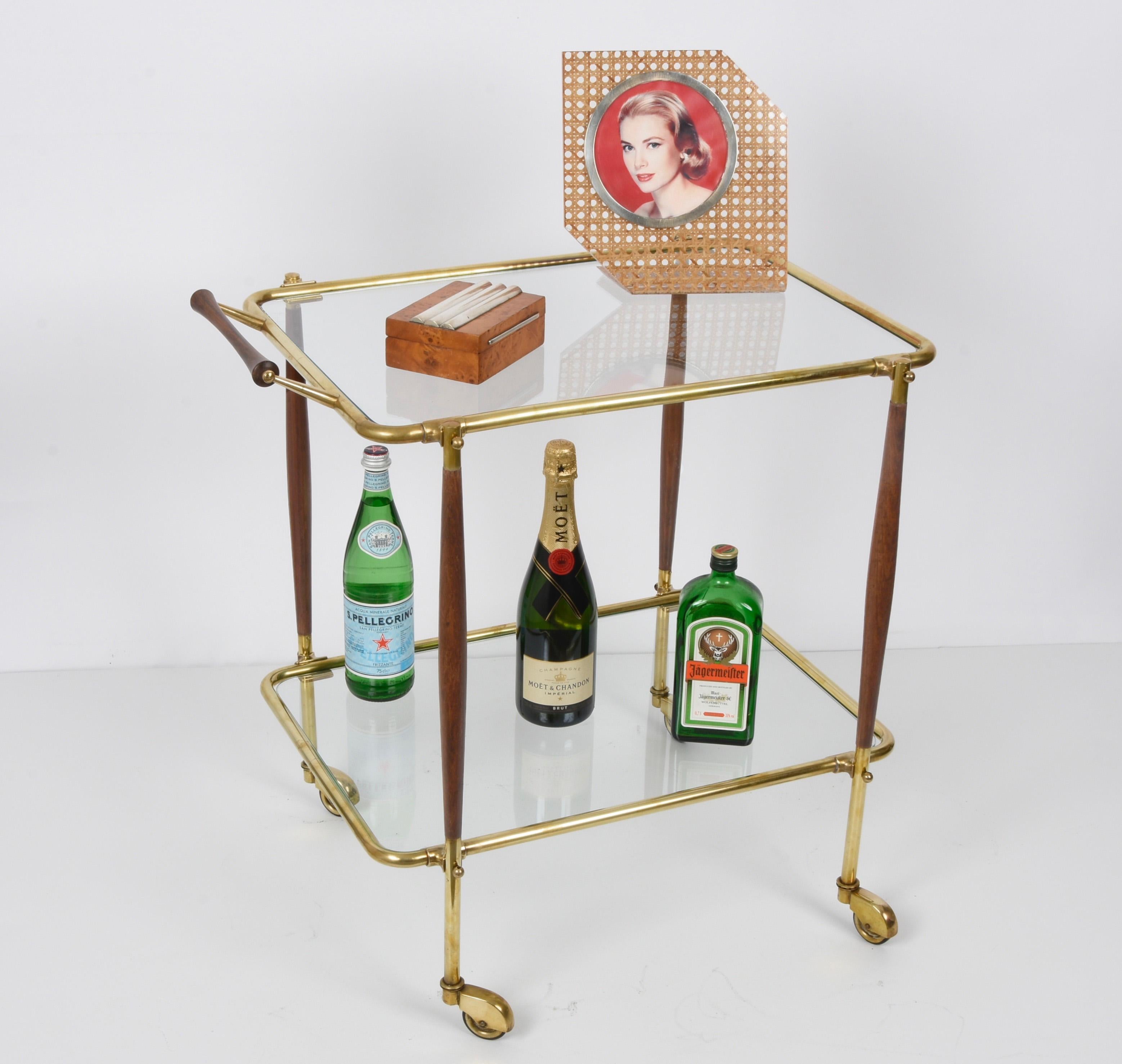 Midcentury Italian Bar Cart Brass and Wood Serving Trolley, 1950s 7