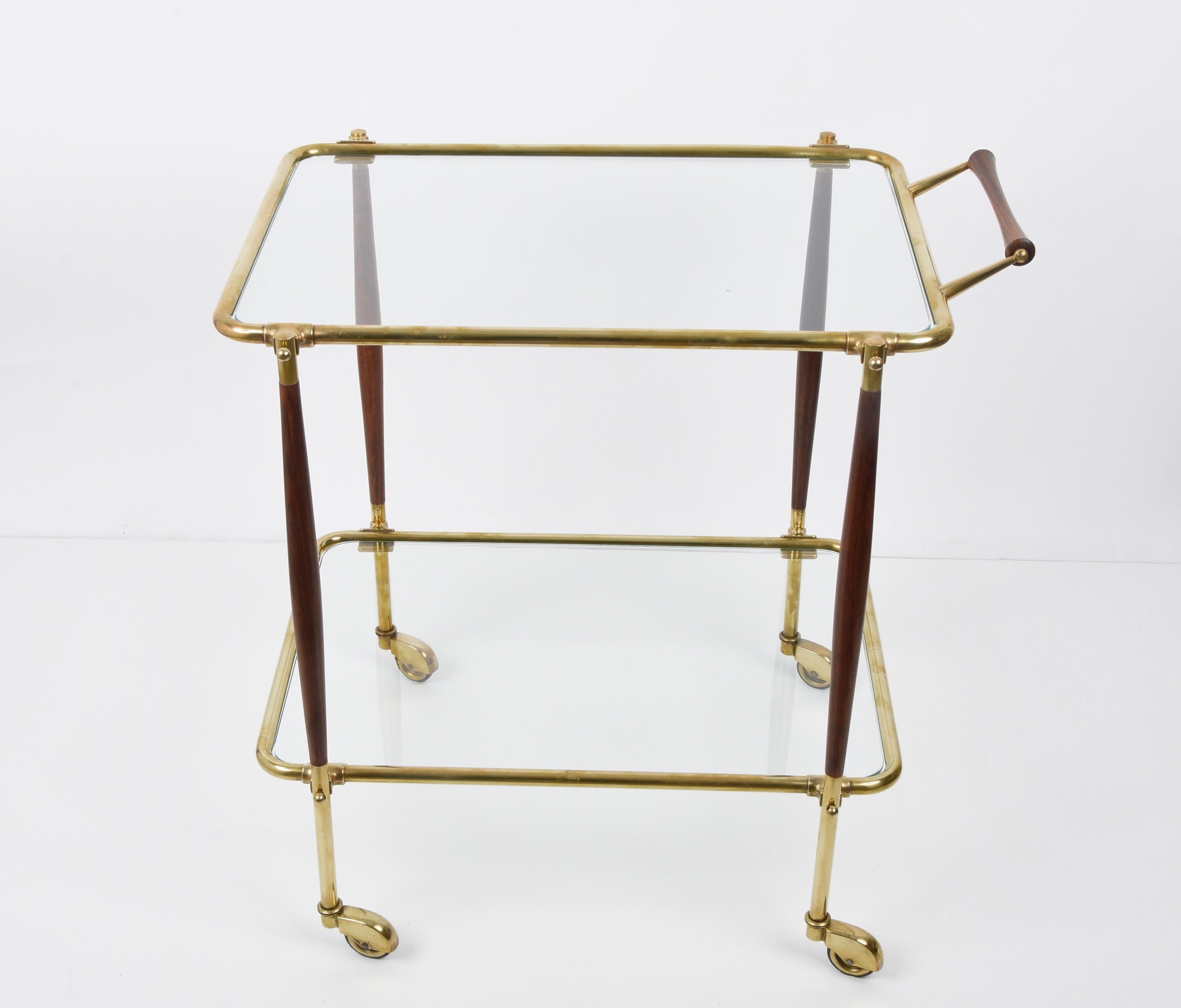 Midcentury Italian Bar Cart Brass and Wood Serving Trolley, 1950s 8