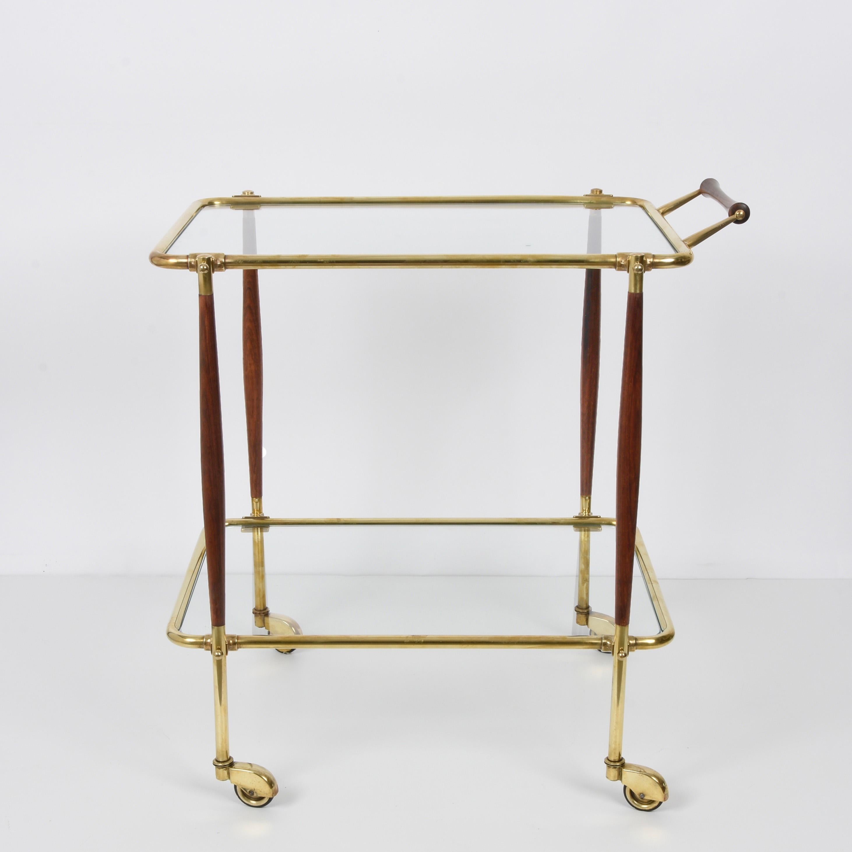 Midcentury Italian Bar Cart Brass and Wood Serving Trolley, 1950s 10
