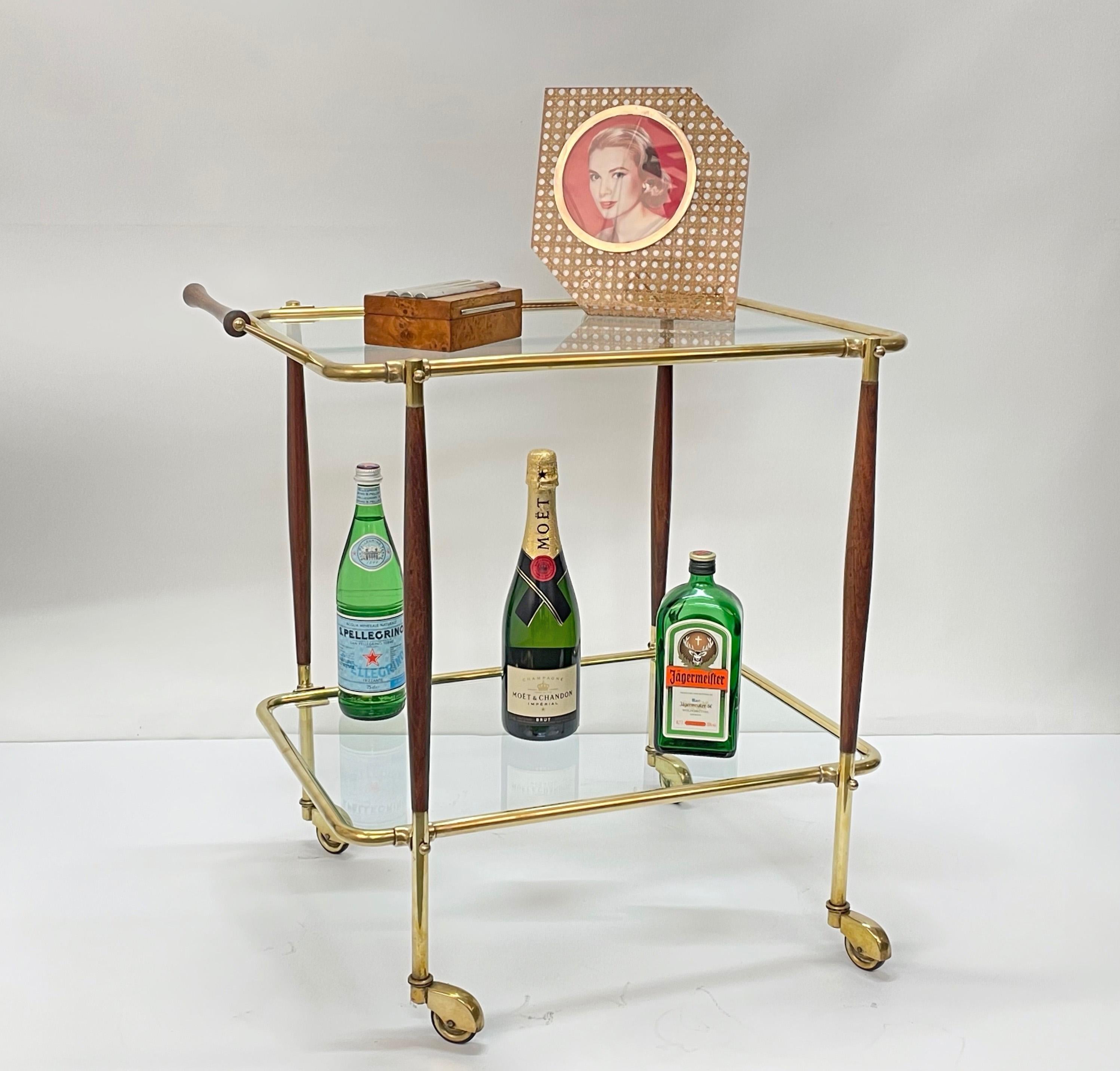 Midcentury Italian Bar Cart Brass and Wood Serving Trolley, 1950s 11