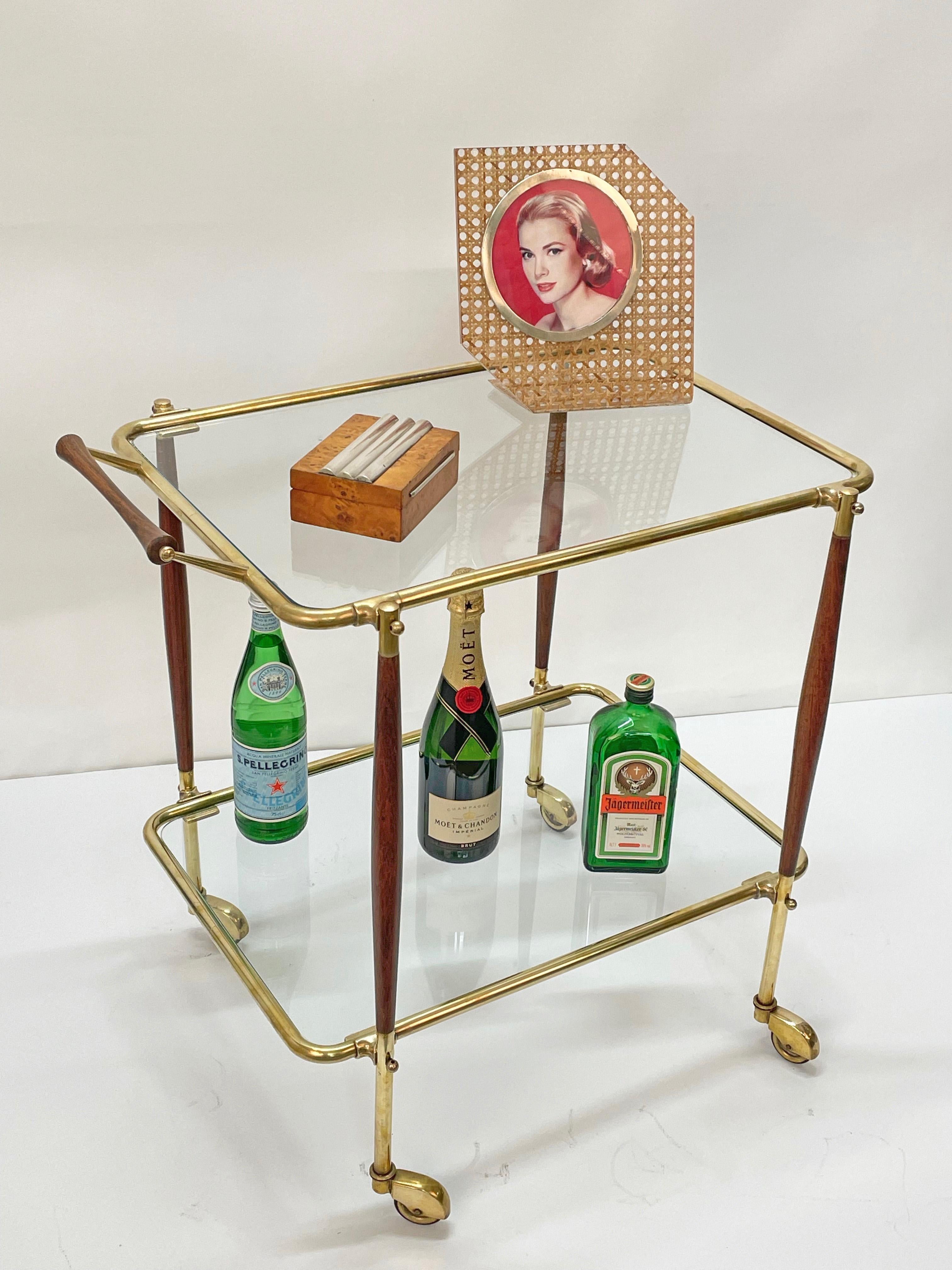 Midcentury Italian Bar Cart Brass and Wood Serving Trolley, 1950s 14