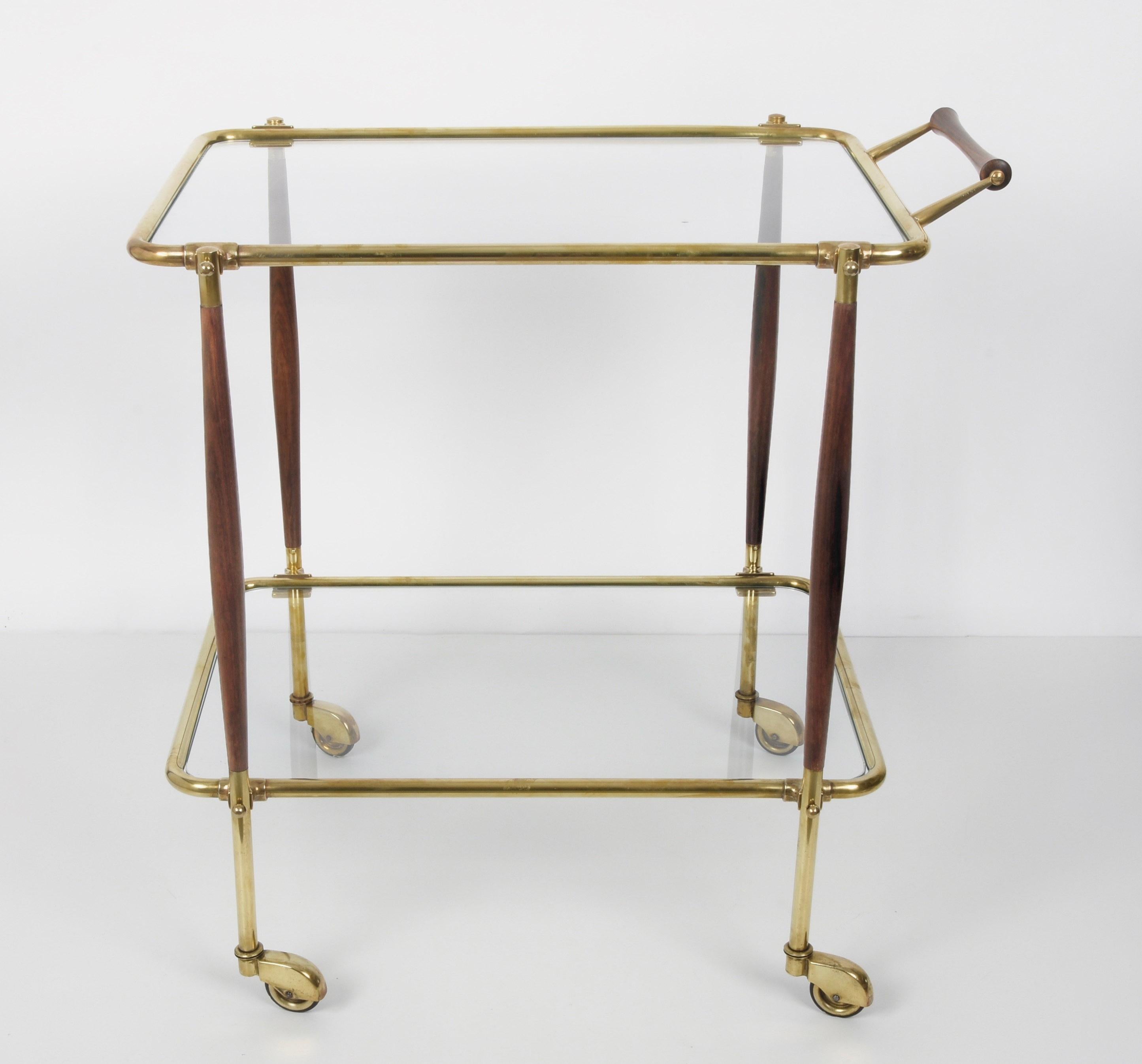 Midcentury Italian Bar Cart Brass and Wood Serving Trolley, 1950s In Good Condition In Roma, IT