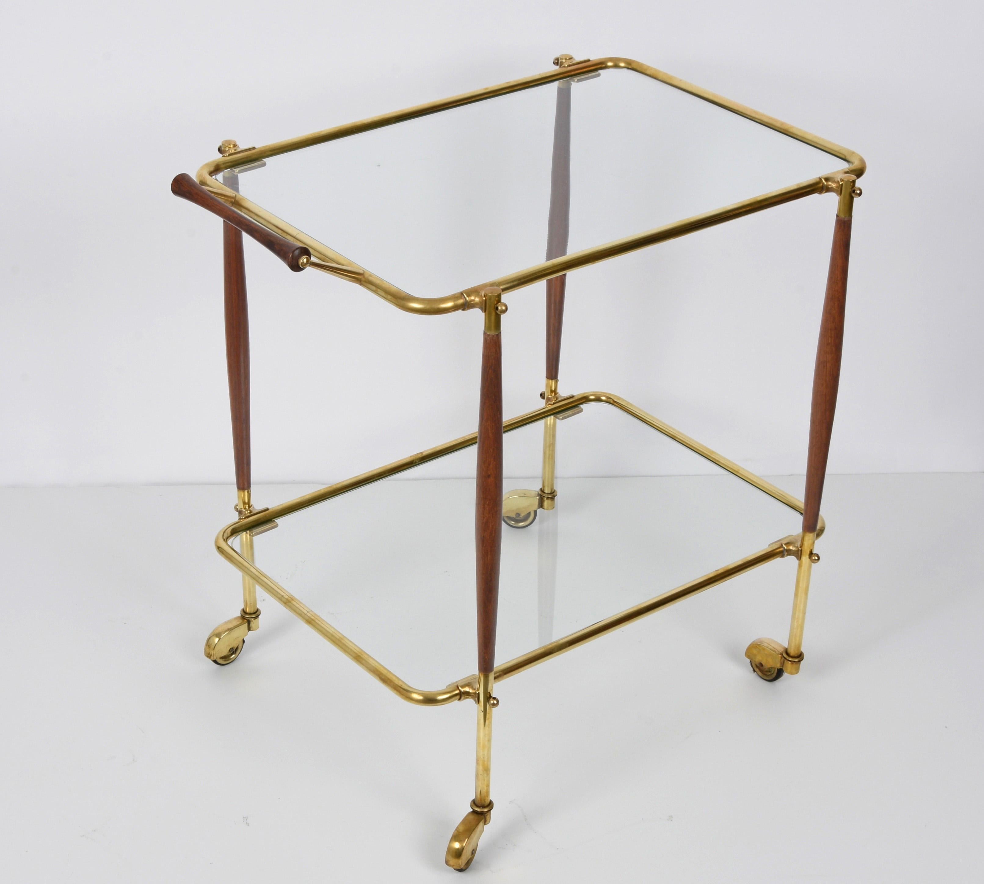 Midcentury Italian Bar Cart Brass and Wood Serving Trolley, 1950s 3