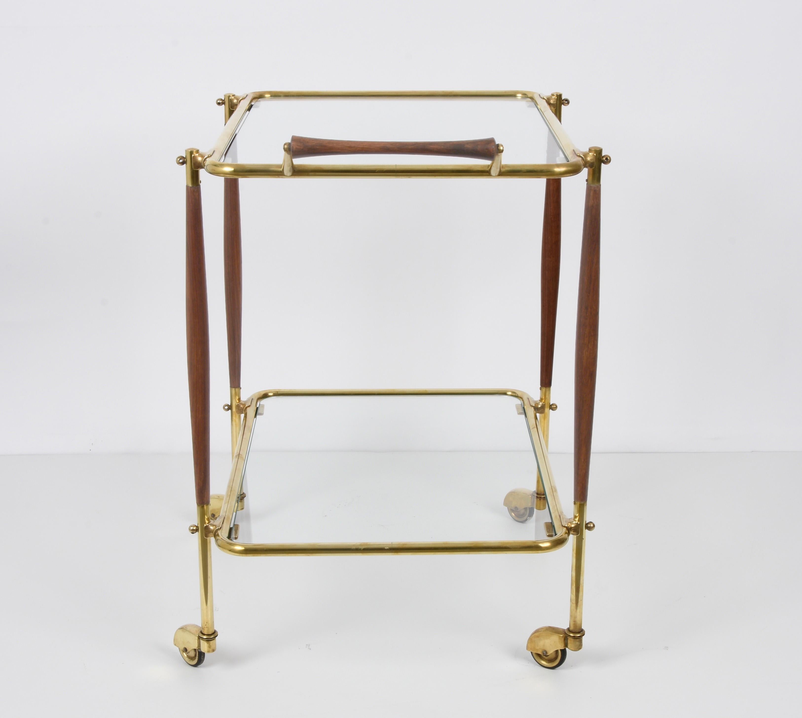 Midcentury Italian Bar Cart Brass and Wood Serving Trolley, 1950s 4