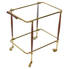 Midcentury Italian Bar Cart Brass and Wood Serving Trolley, 1950s