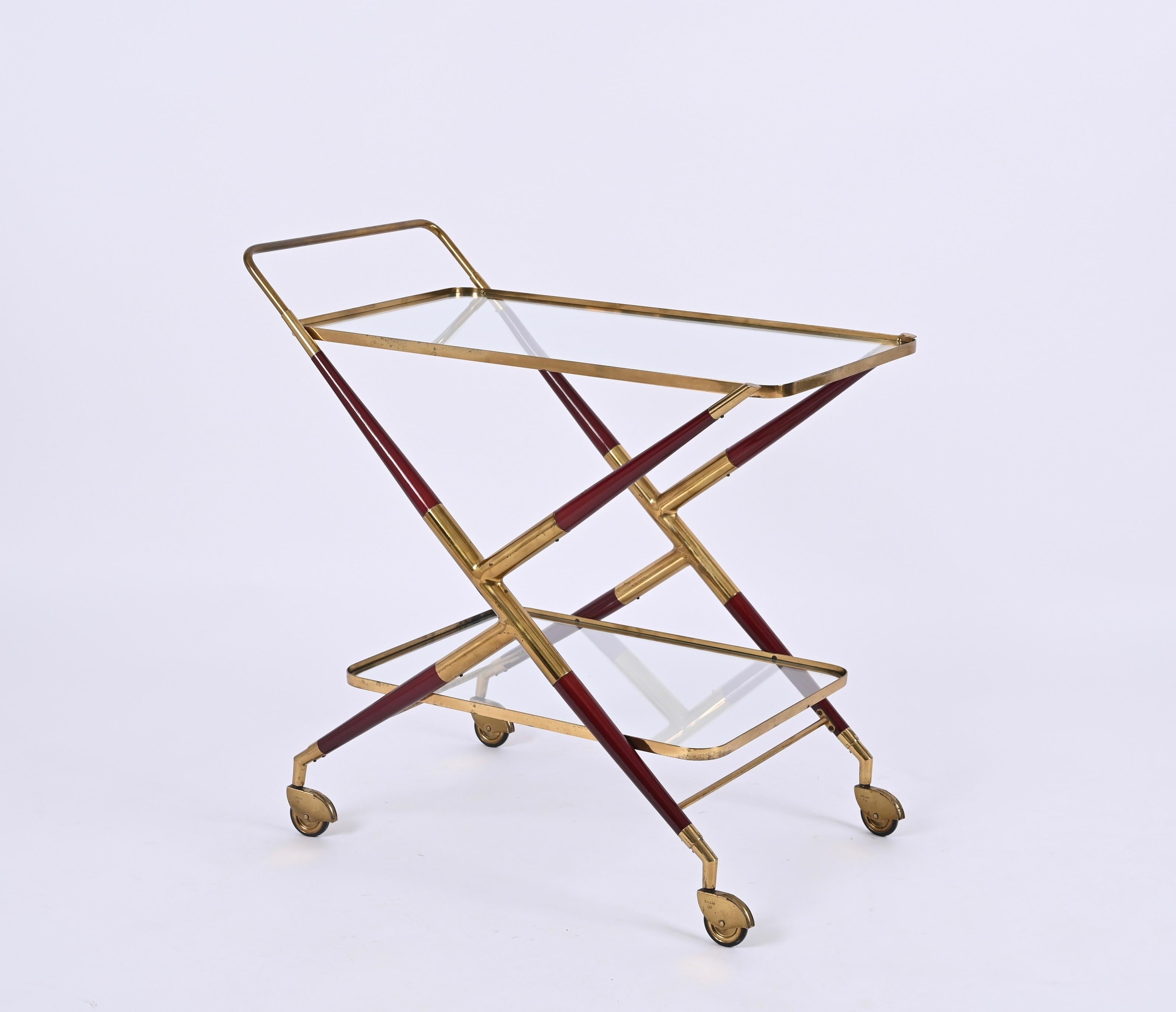 Midcentury Italian Bar Cart by Cesare Lacca Brass and Red Wood Serving Trolley 4