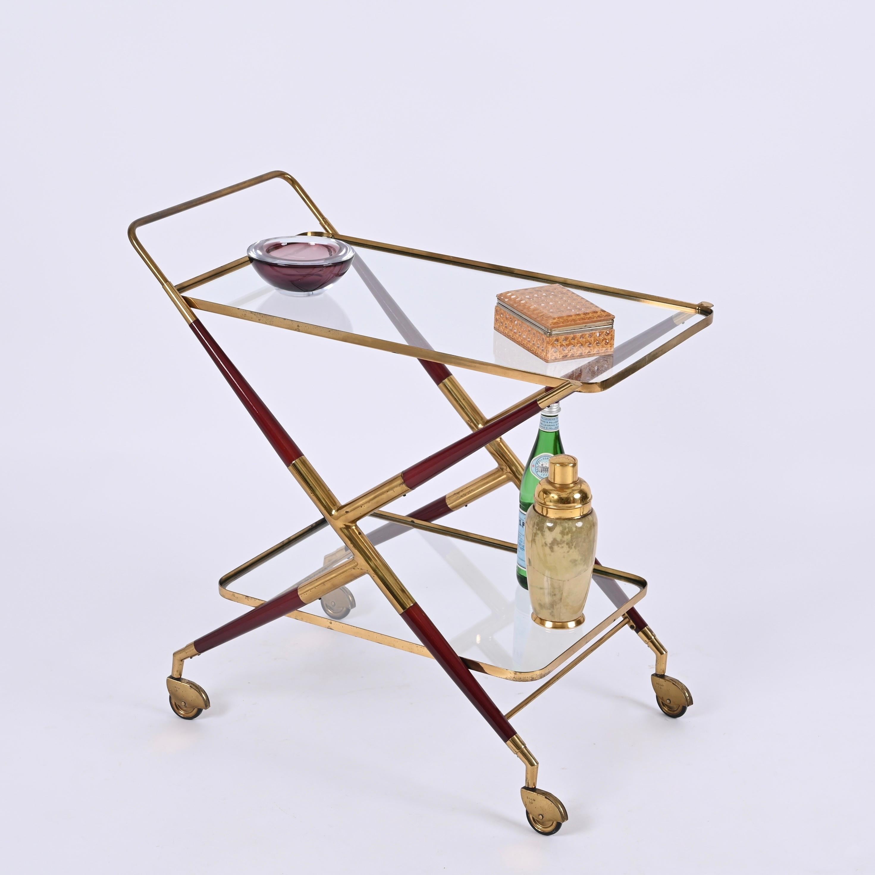 Midcentury Italian Bar Cart by Cesare Lacca Brass and Red Wood Serving Trolley 5