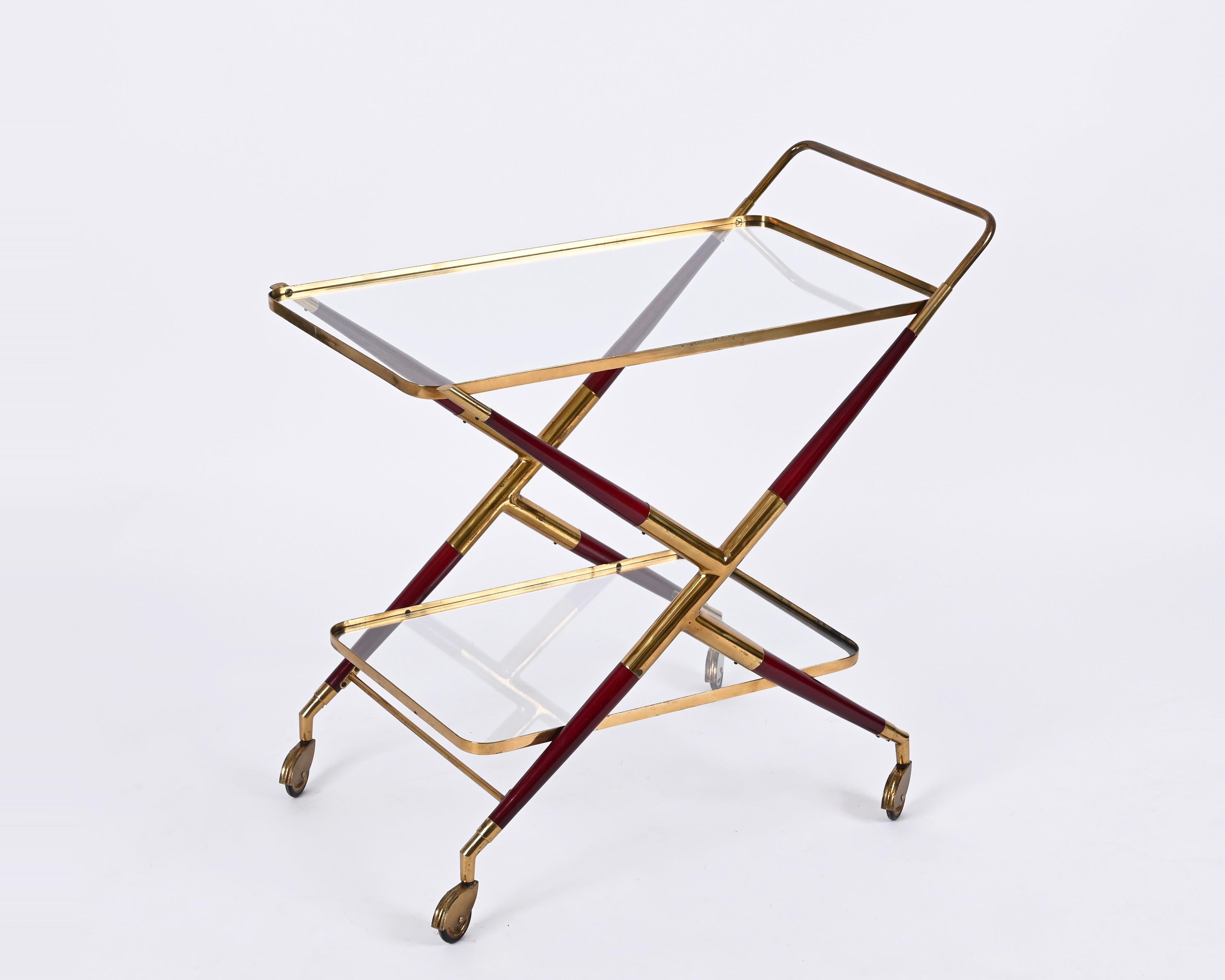Midcentury Italian Bar Cart by Cesare Lacca Brass and Red Wood Serving Trolley 6