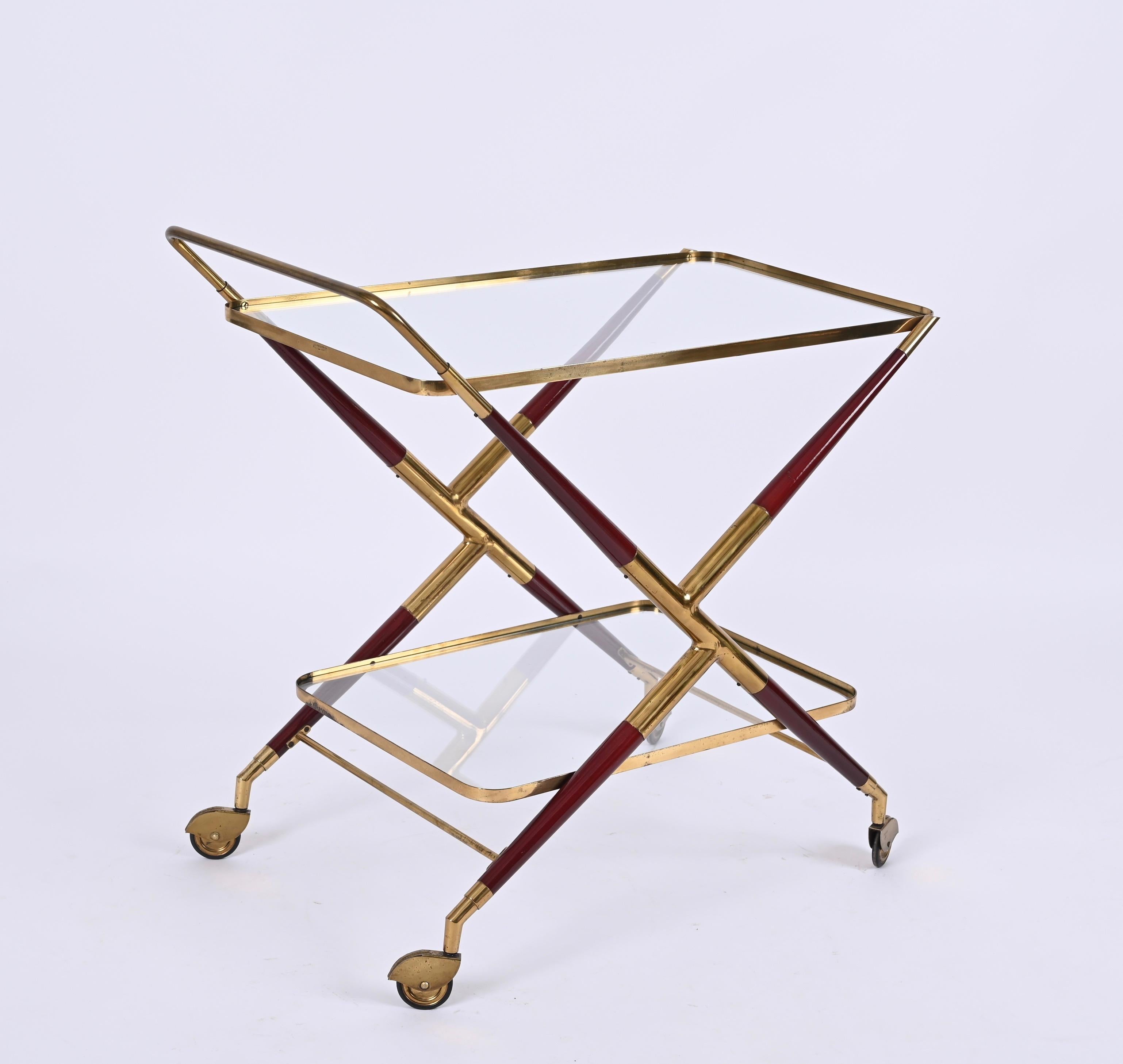 Midcentury Italian Bar Cart by Cesare Lacca Brass and Red Wood Serving Trolley 7