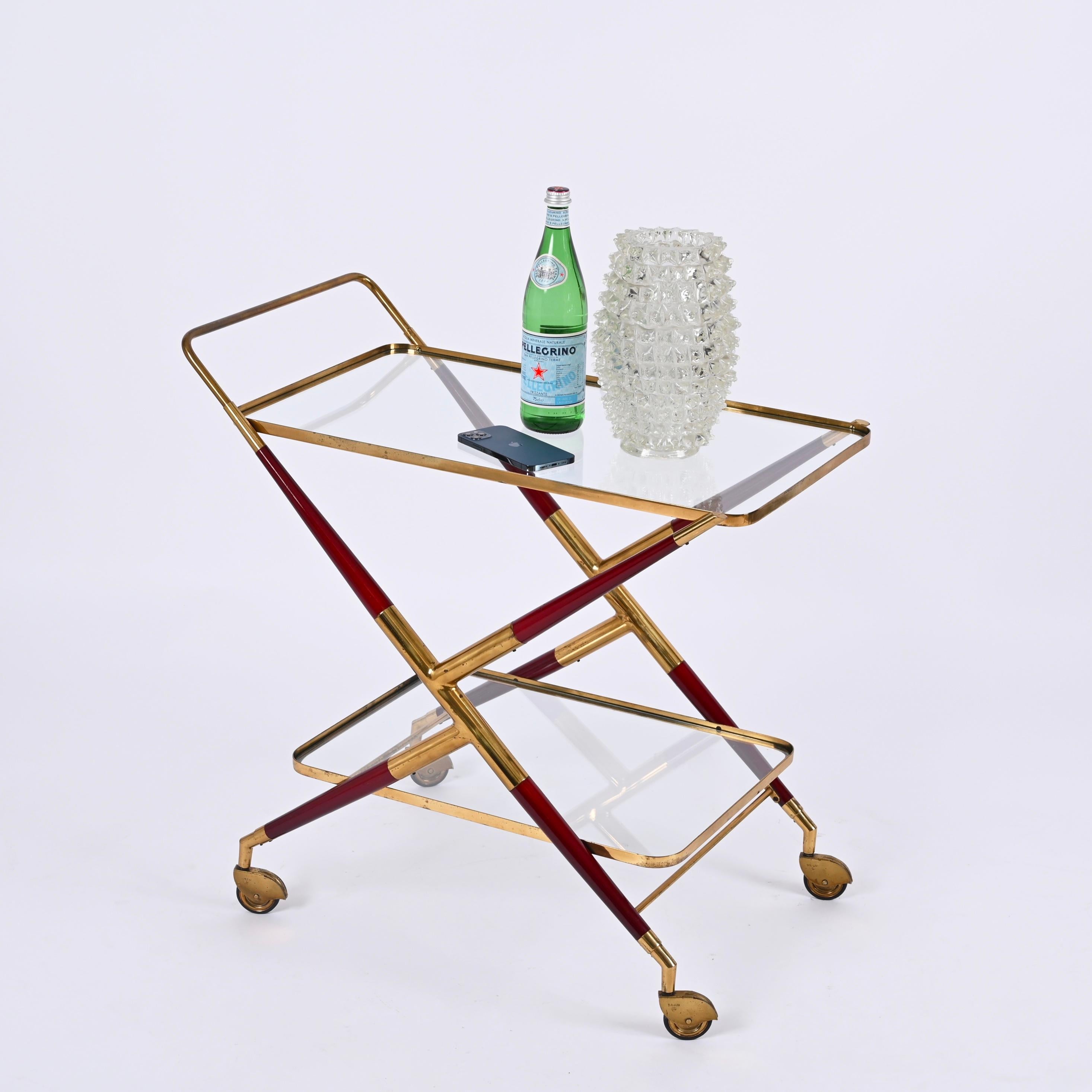 Midcentury Italian Bar Cart by Cesare Lacca Brass and Red Wood Serving Trolley 8