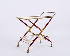 Midcentury Italian Bar Cart by Cesare Lacca Brass and Red Wood Serving Trolley